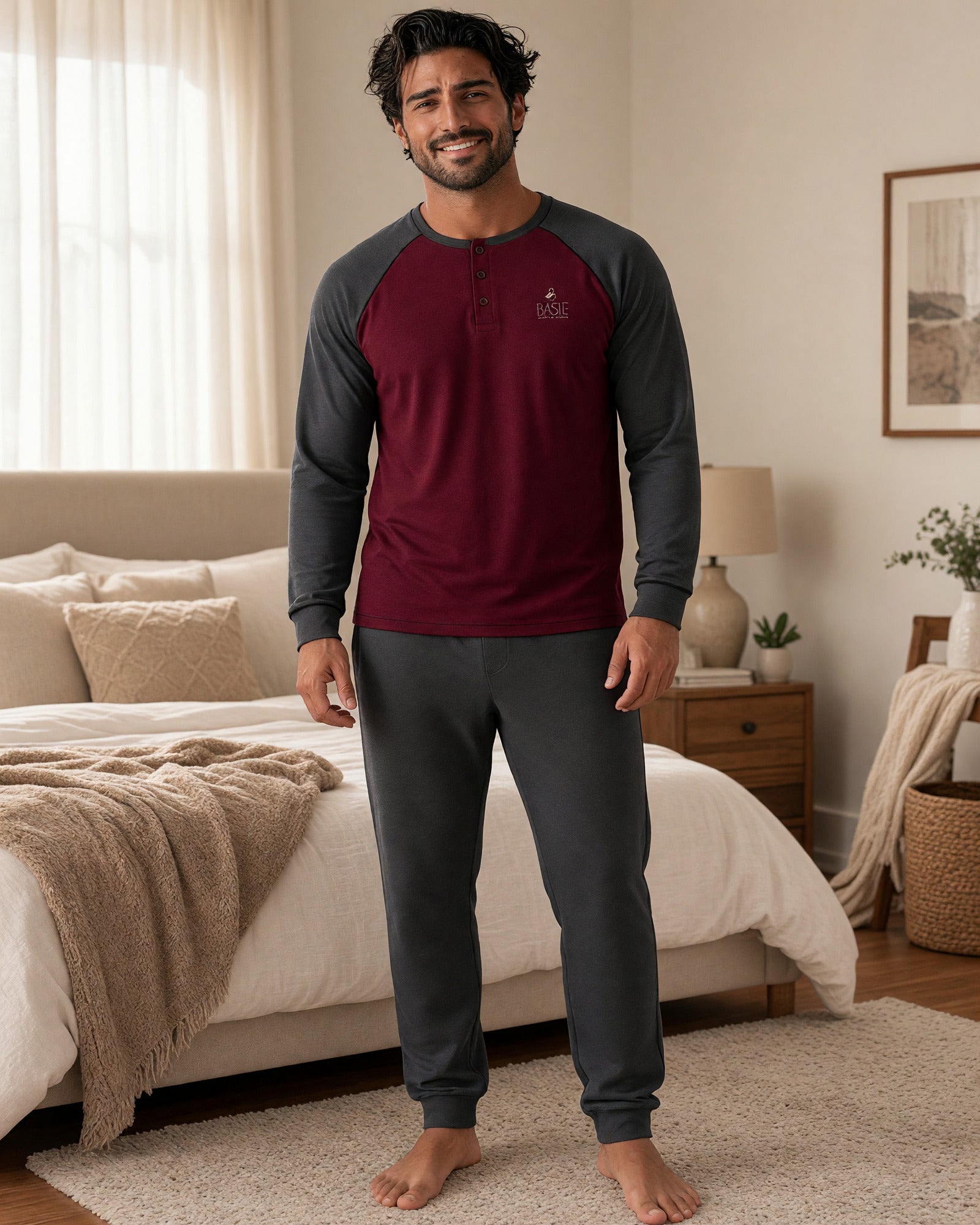 Pigiama uomo Basile Milano 3130 indossato, con maglia bordeaux, maniche e pantaloni grigio scuro