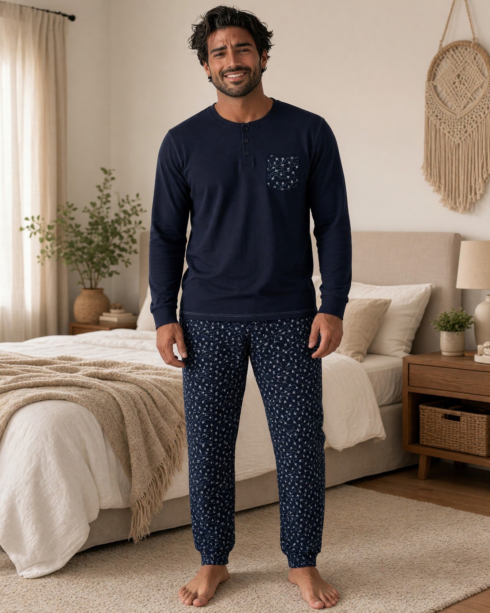 Pigiama uomo Basile Milano 3530 blu indossato, con maglia serafino e pantaloni fantasia aeroplani con polsini