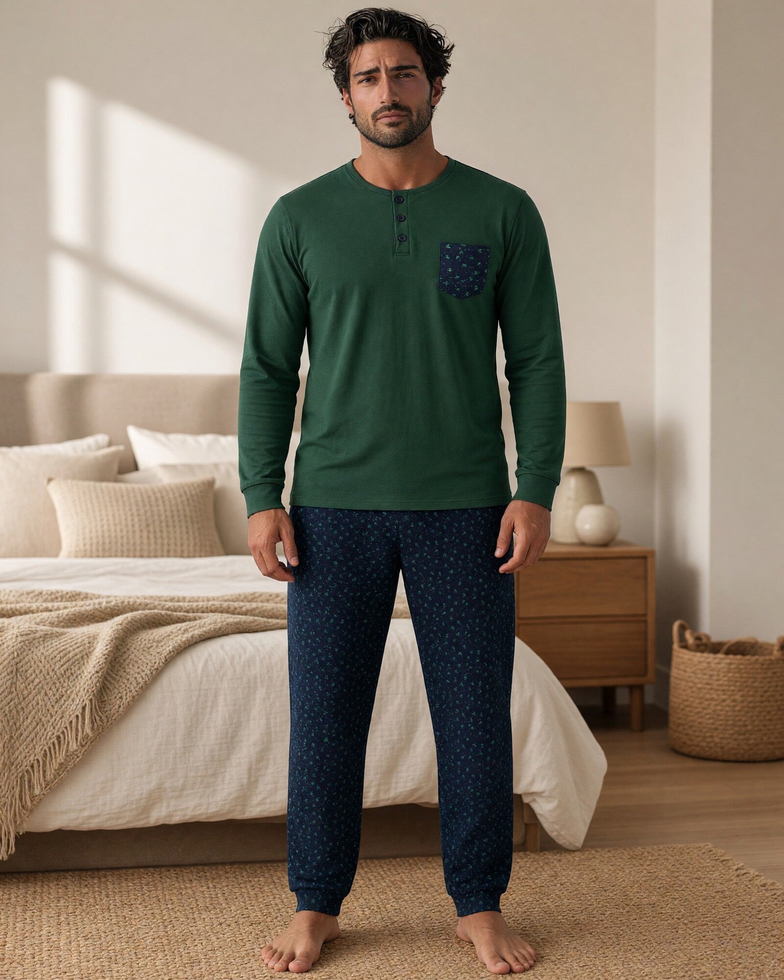 Pigiama uomo Basile Milano 3530 indossato, con maglia verde e pantaloni blu scuro con fantasia coordinata