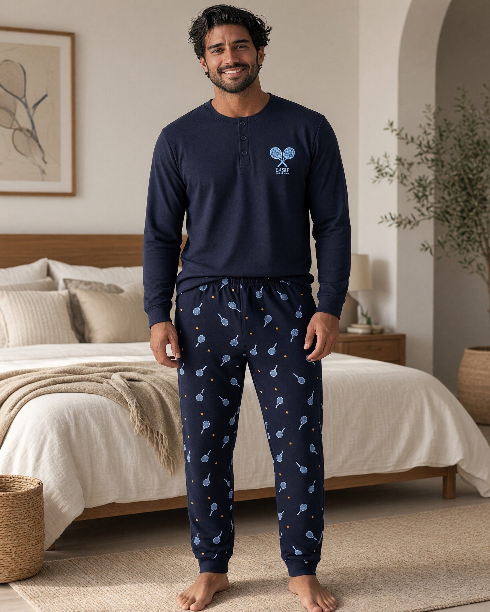 Pigiama uomo Basile Milano 3630 blu indossato, con maglia serafino e pantaloni fantasia racchette e palline