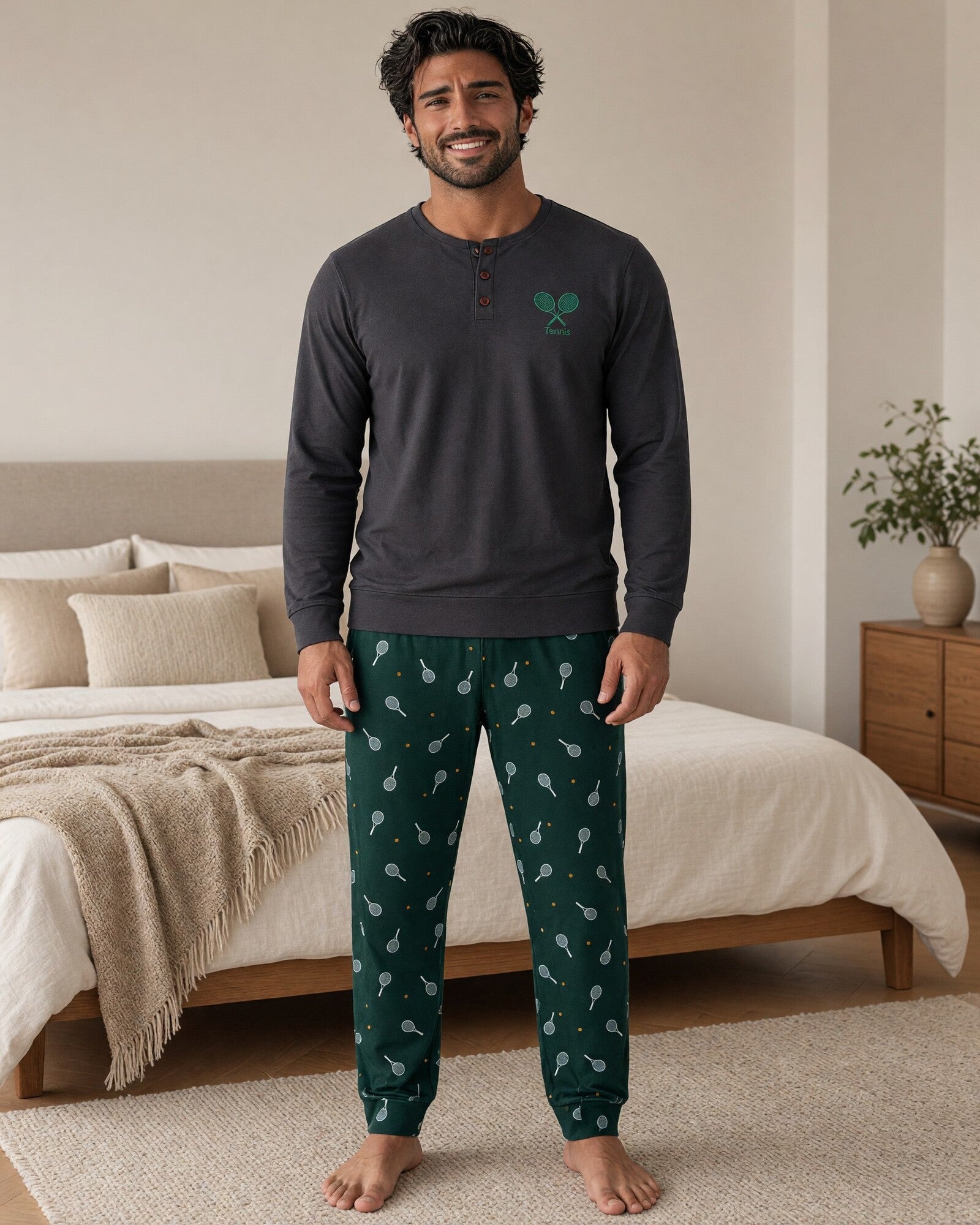 Pigiama uomo Basile Milano 3630 indossato, con maglia grigio antracite e pantaloni verdi fantasia tennis