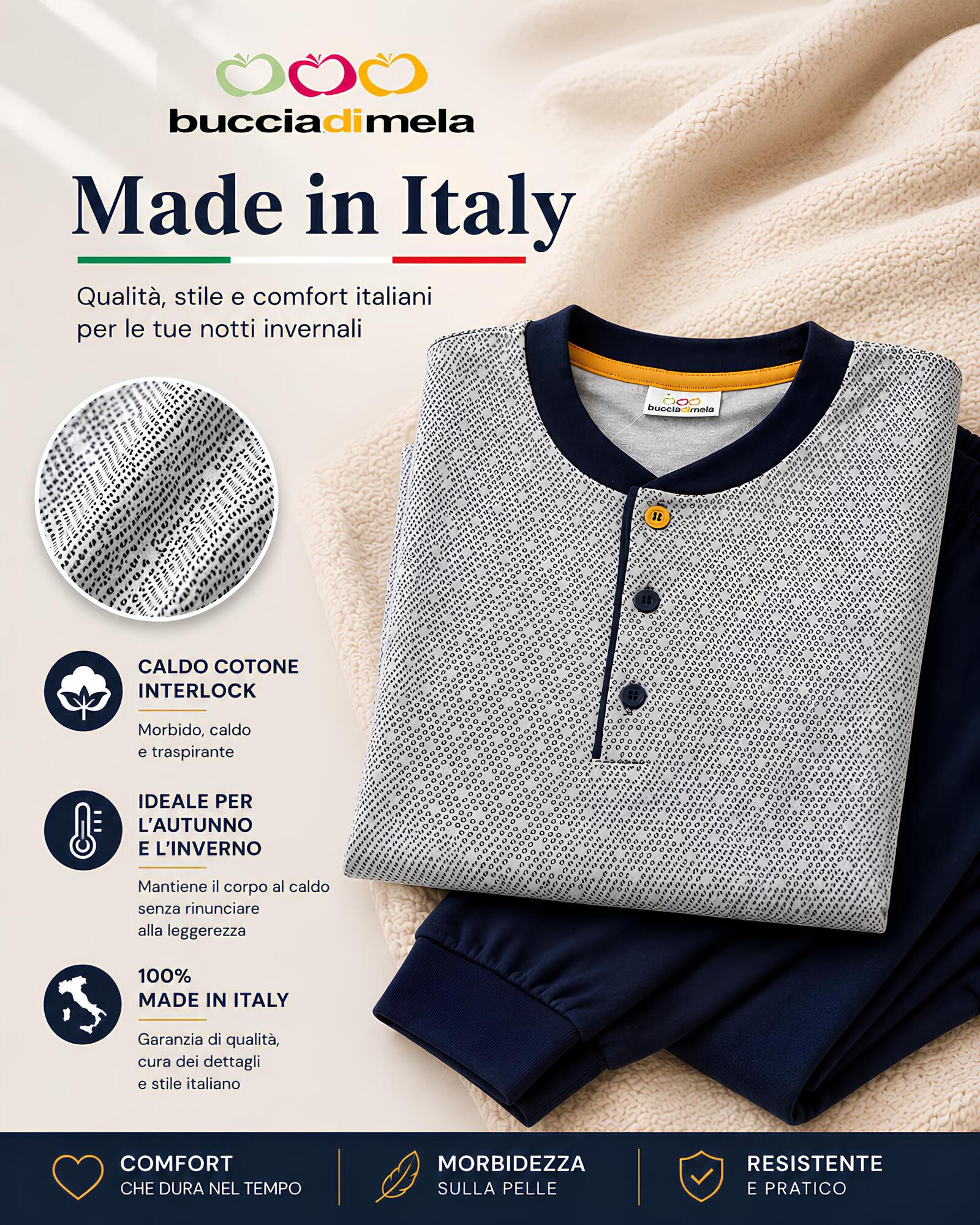 Pigiama uomo Buccia di Mela I8855 Made in Italy in caldo cotone interlock per autunno e inverno