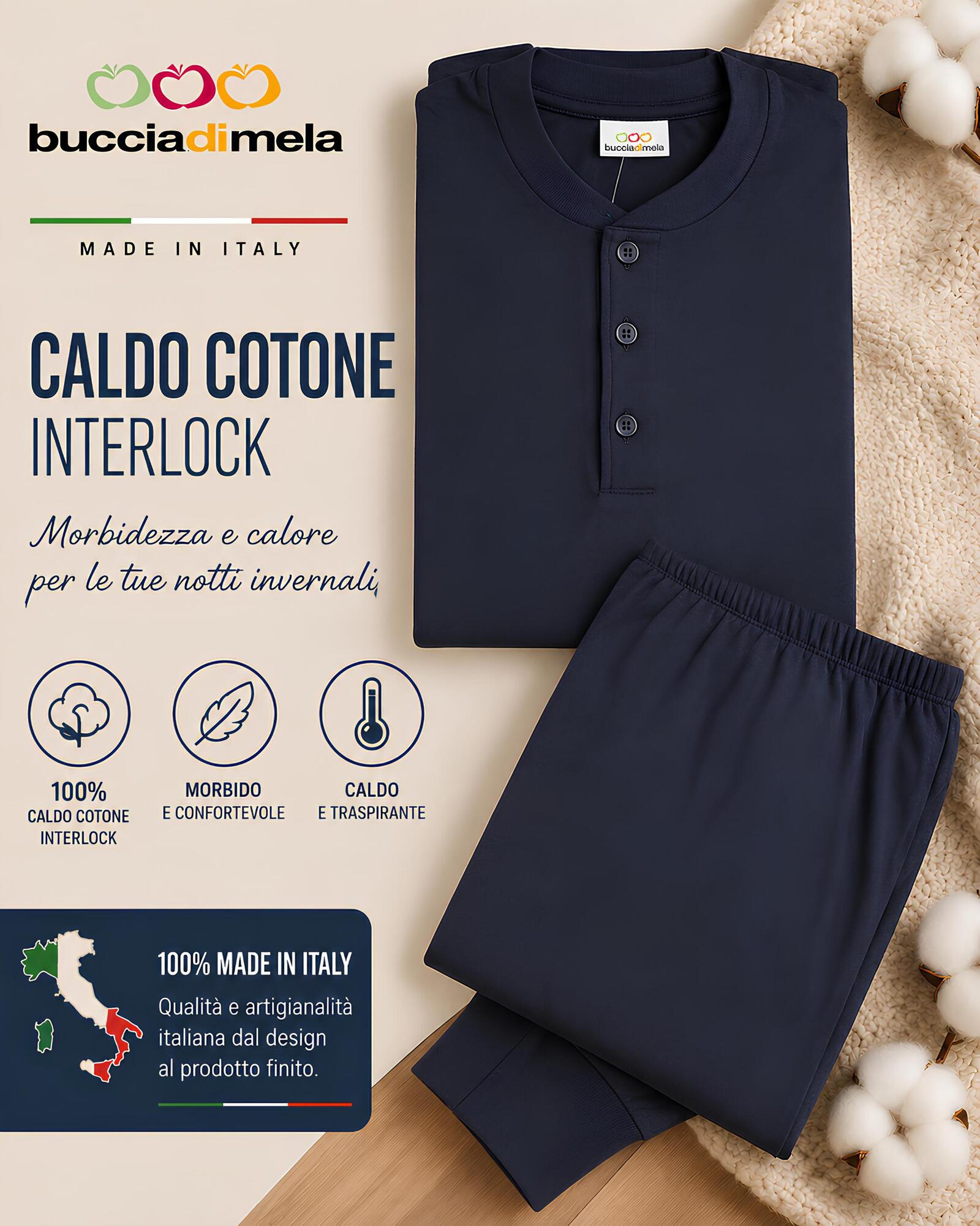 Pigiama uomo in caldo cotone interlock blu Made in Italy morbido e confortevole per l'inverno