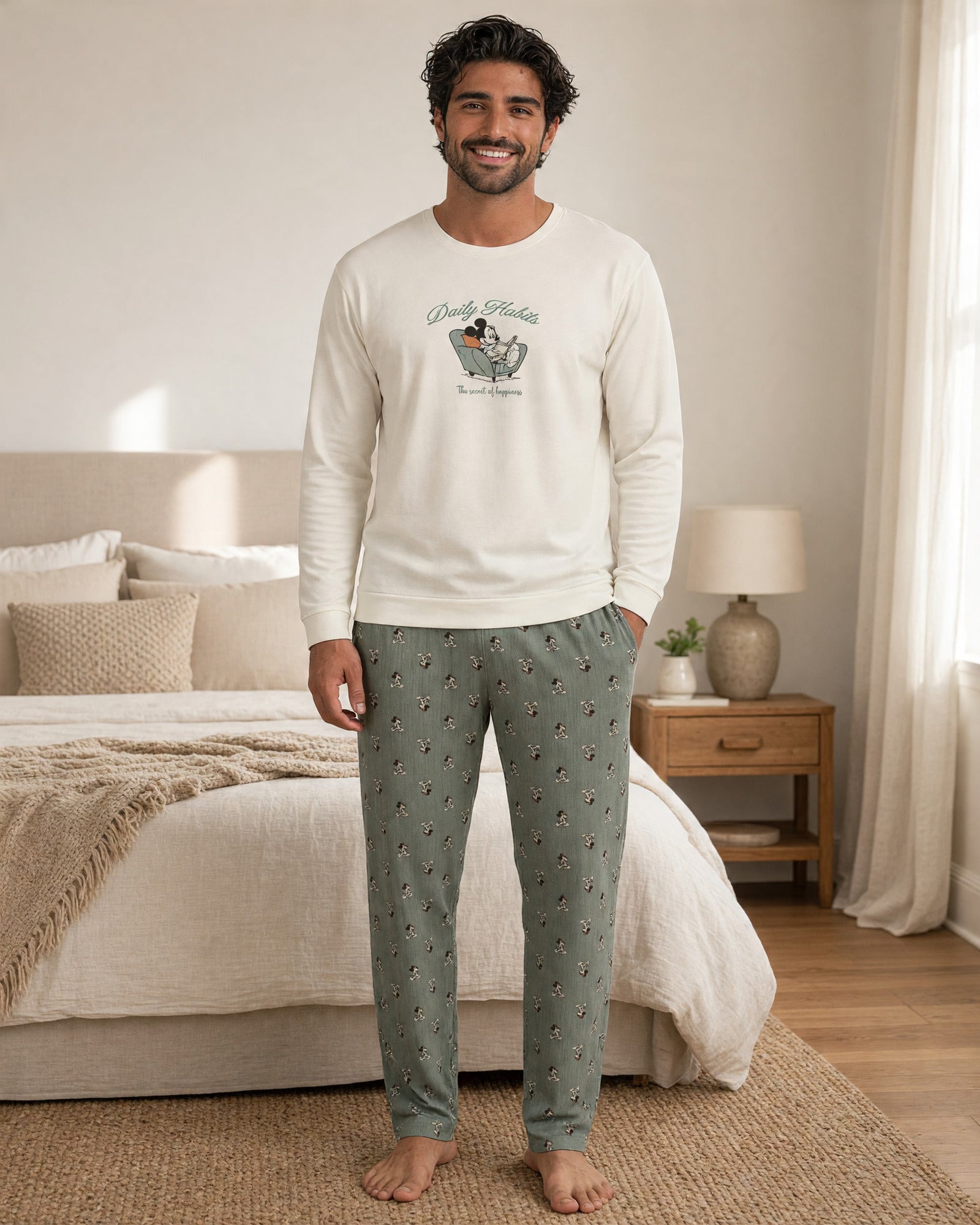 Pigiama uomo Disney Topolino 64912 indossato, con maglia color pietra e pantaloni lunghi verde tenue a fantasia
