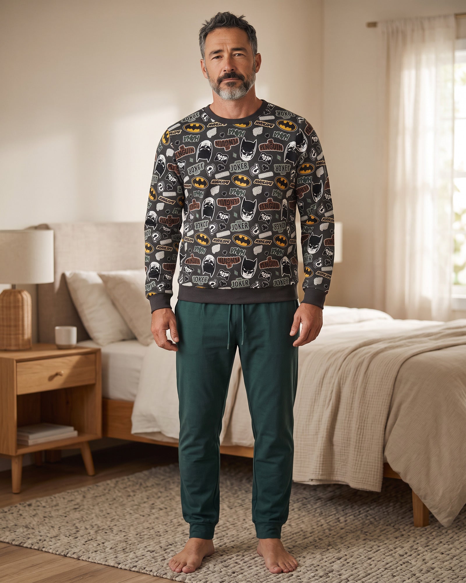 Pigiama uomo Gisela Batman 20498 invernale con maglia stampata e pantalone verde