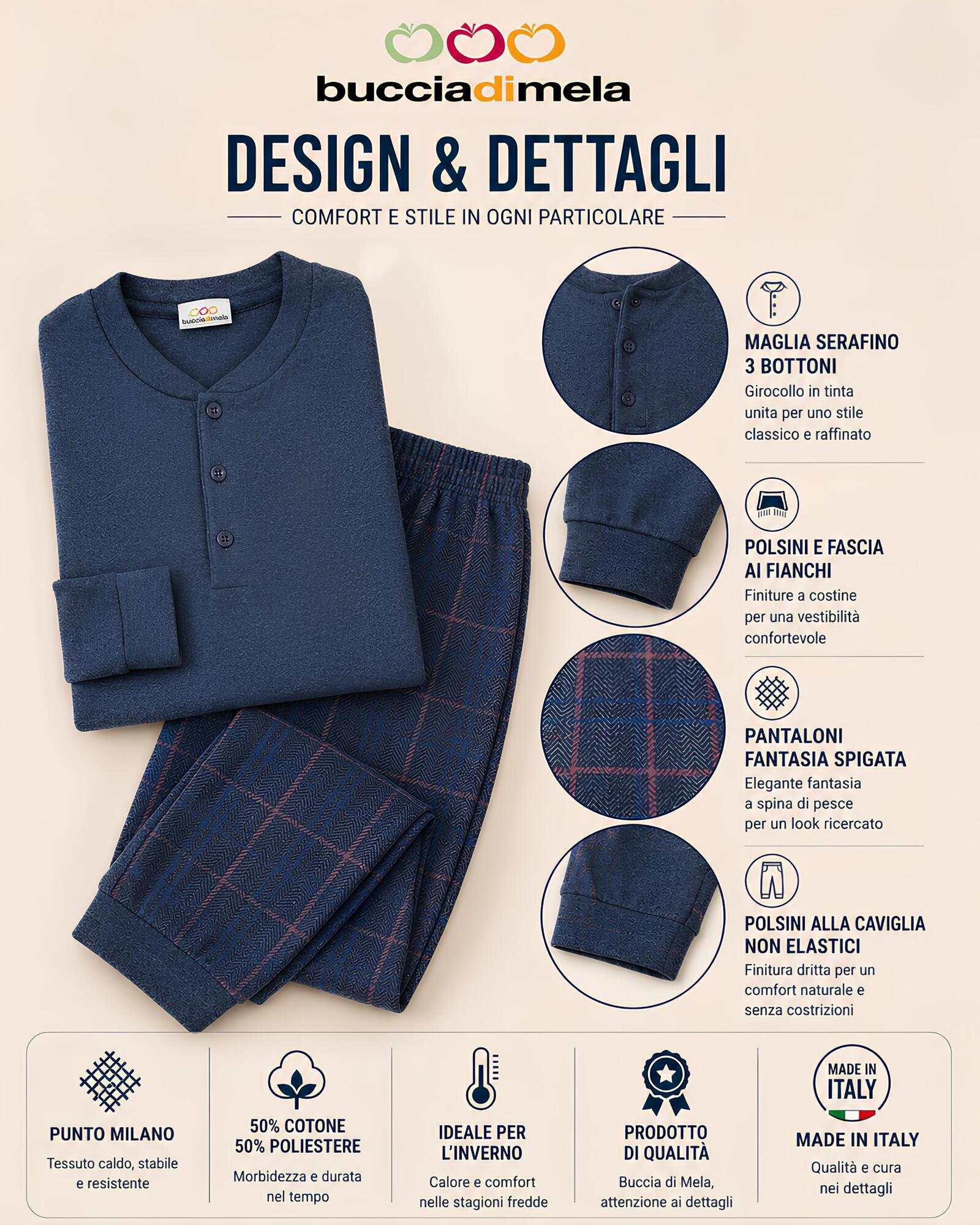Dettagli pigiama uomo I8864 blu con maglia serafino, polsini e pantaloni fantasia