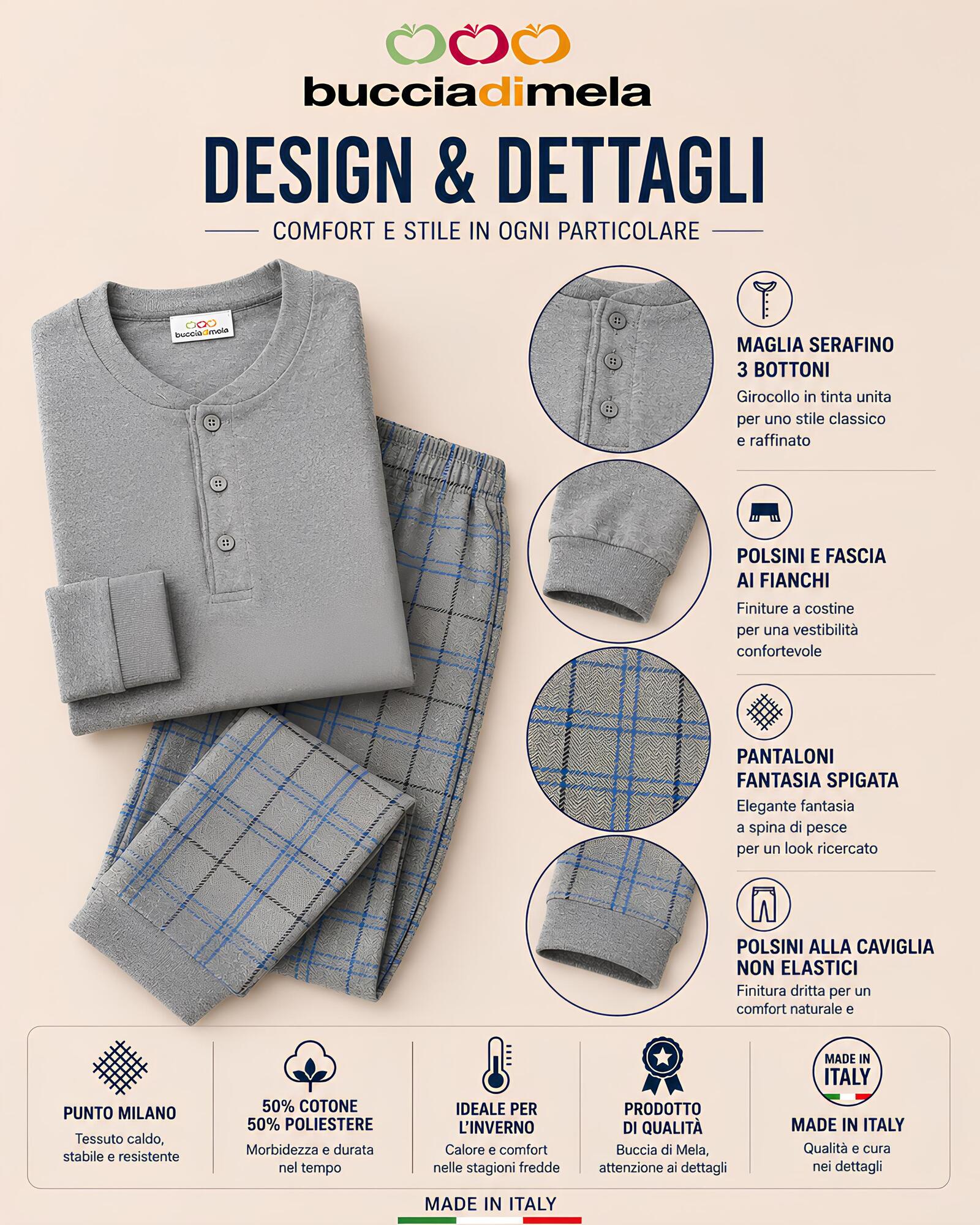 Dettagli pigiama uomo I8864 grigio con maglia serafino e pantaloni fantasia quadri