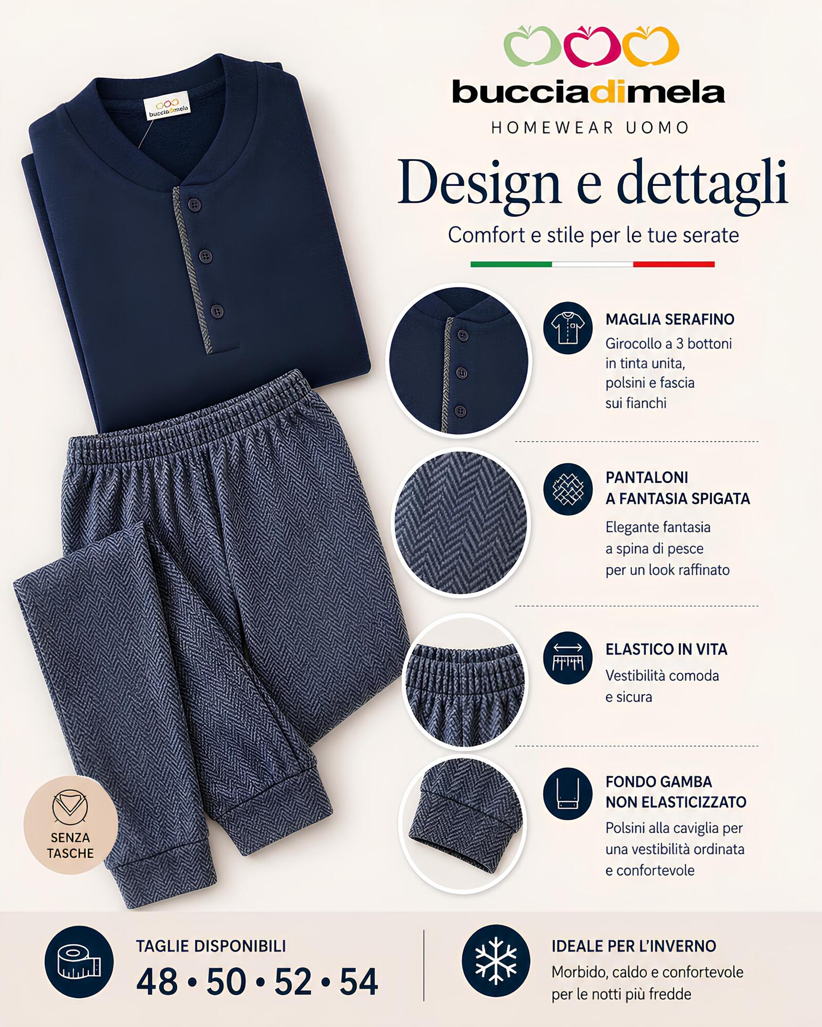 Dettagli pigiama uomo I8866 blu con maglia serafino e pantaloni a fantasia spigata