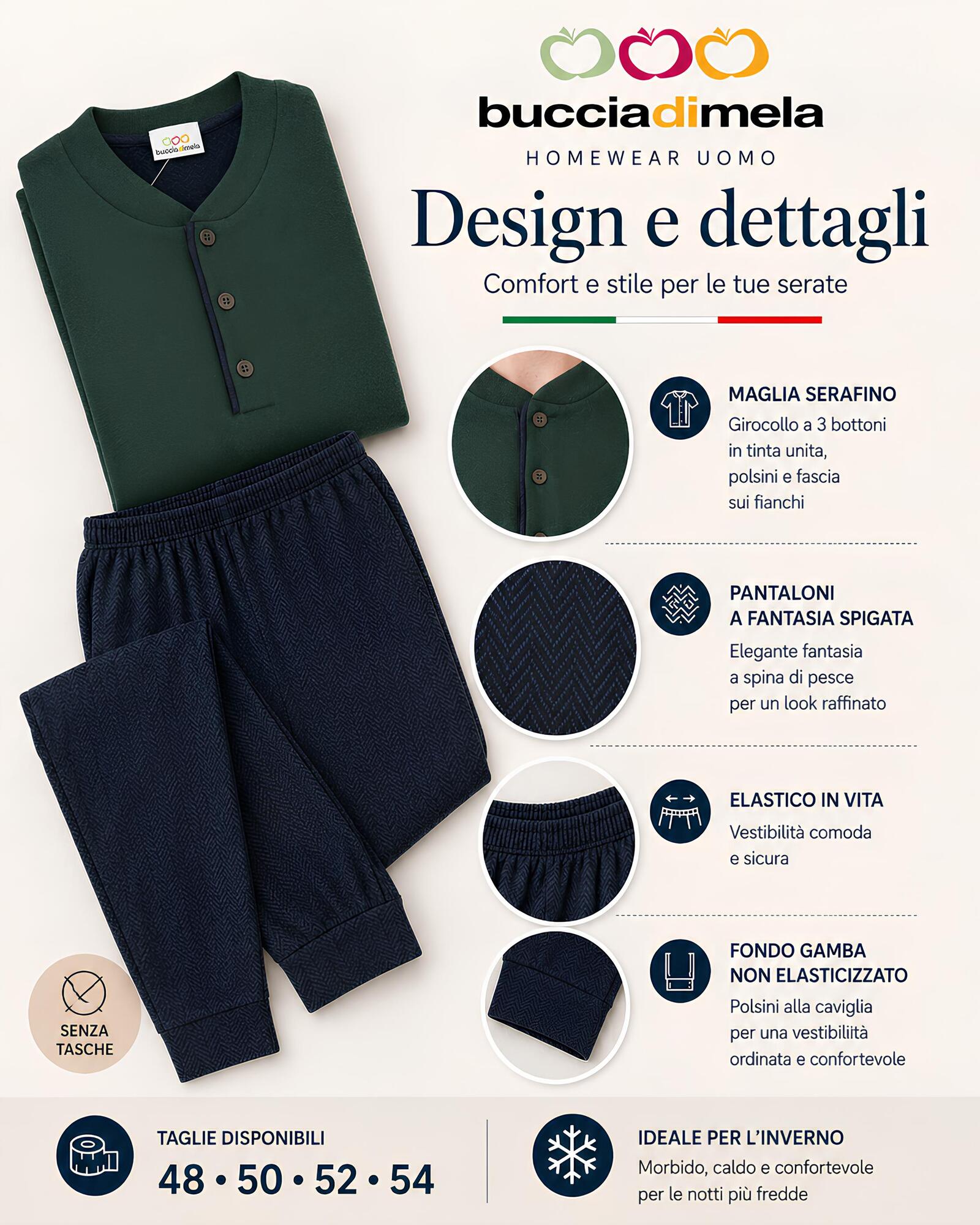 Dettagli pigiama uomo I8866 verde con maglia serafino e pantaloni a spina di pesce