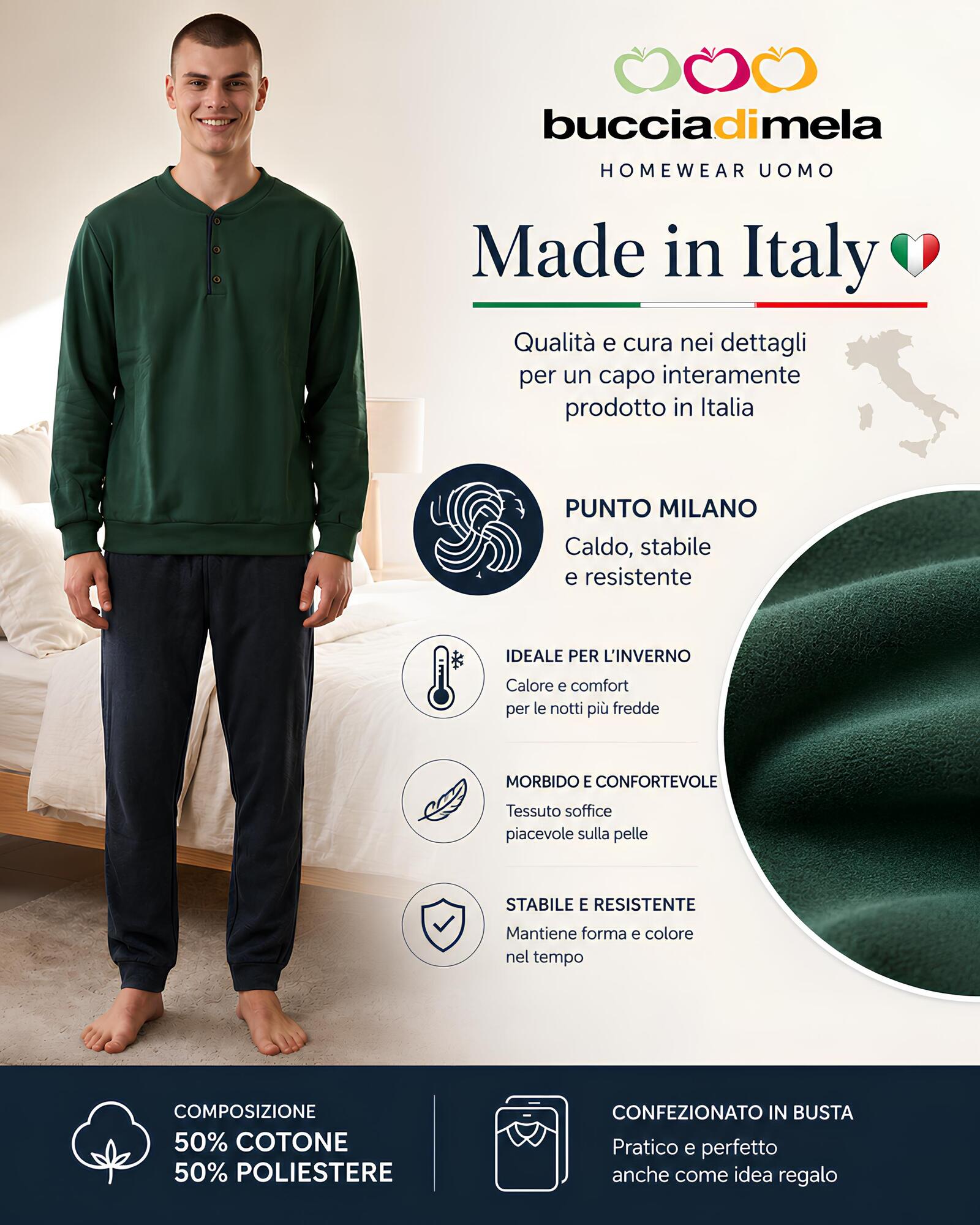 Pigiama uomo I8866 verde in Punto Milano caldo stabile e resistente Made in Italy