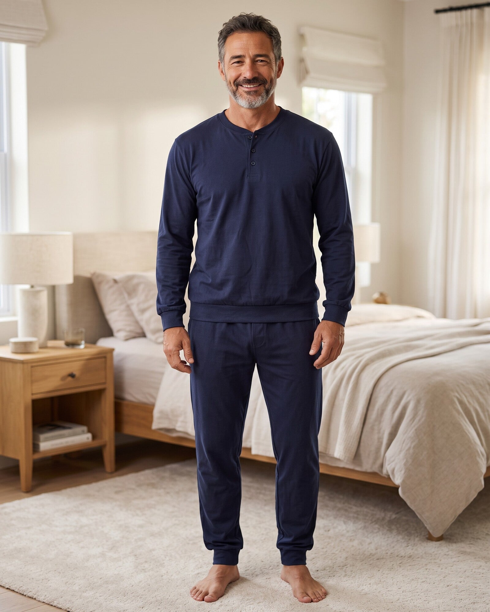 Pigiama uomo invernale Buccia di Mela in 100% caldo cotone blu con maglia serafino e pantalone lungo