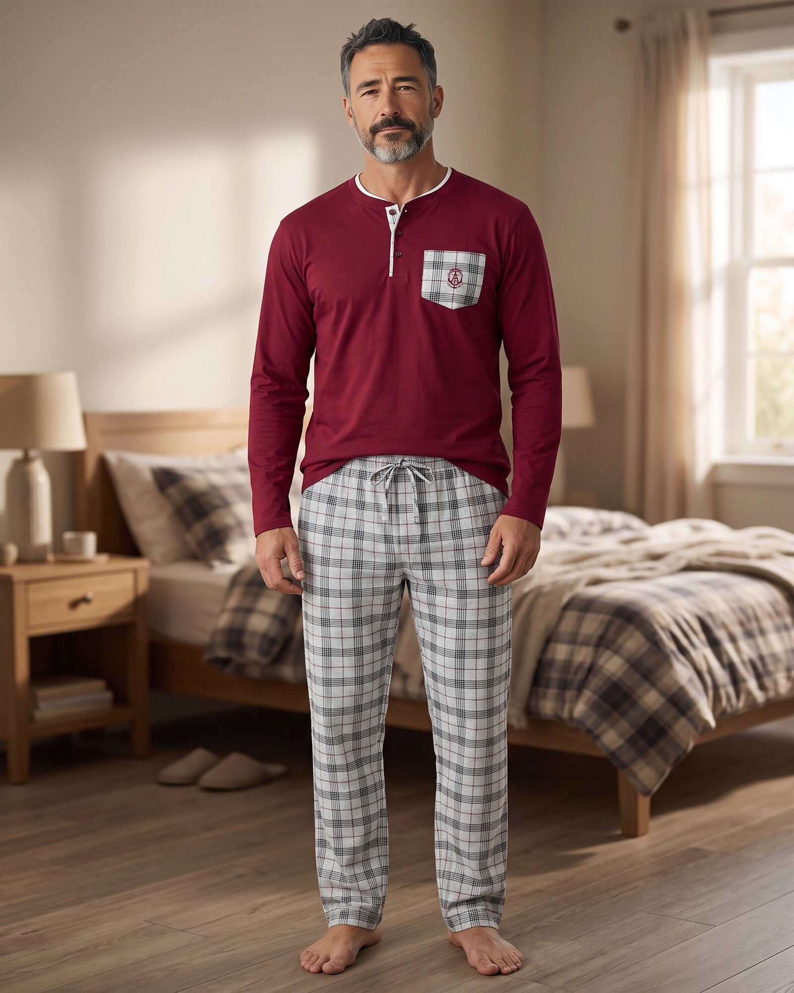 Pigiama uomo invernale Admas 60319 granata con pantalone lungo a quadri