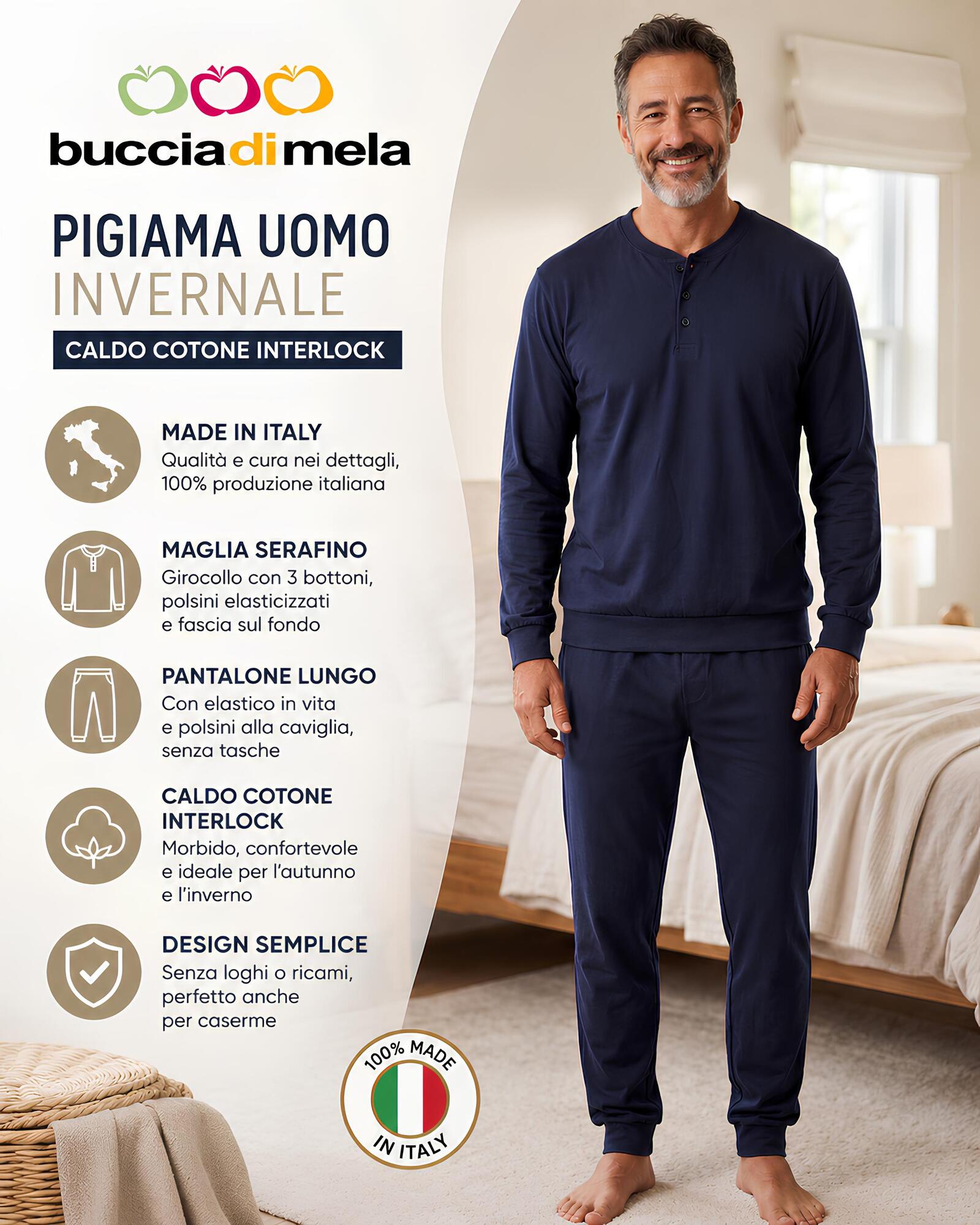 Pigiama uomo invernale PMU 005 blu tinta unita con serafino, polsini ed elastico in vita