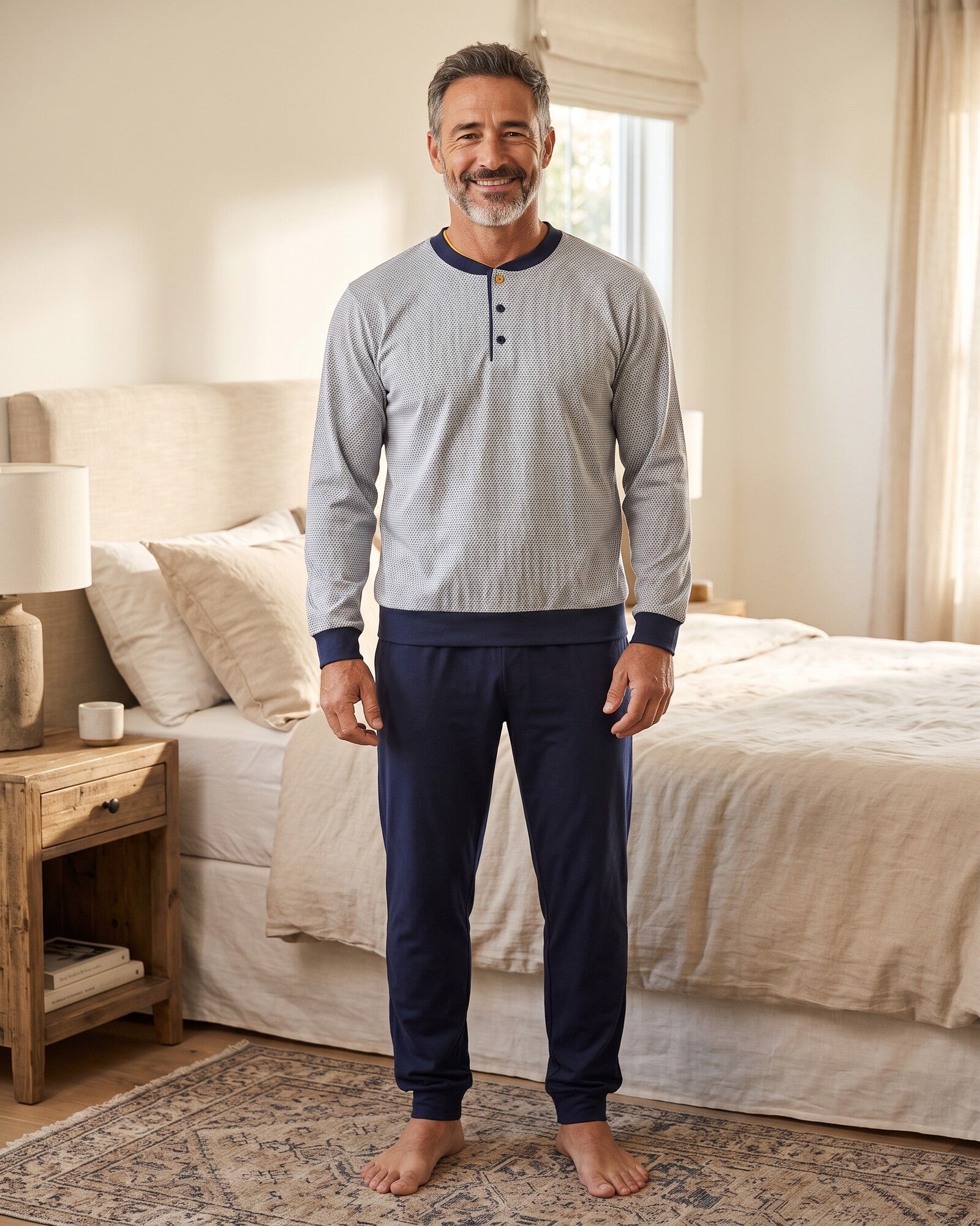 Pigiama uomo invernale Buccia di Mela I8855 in caldo cotone con maglia serafino e pantalone blu