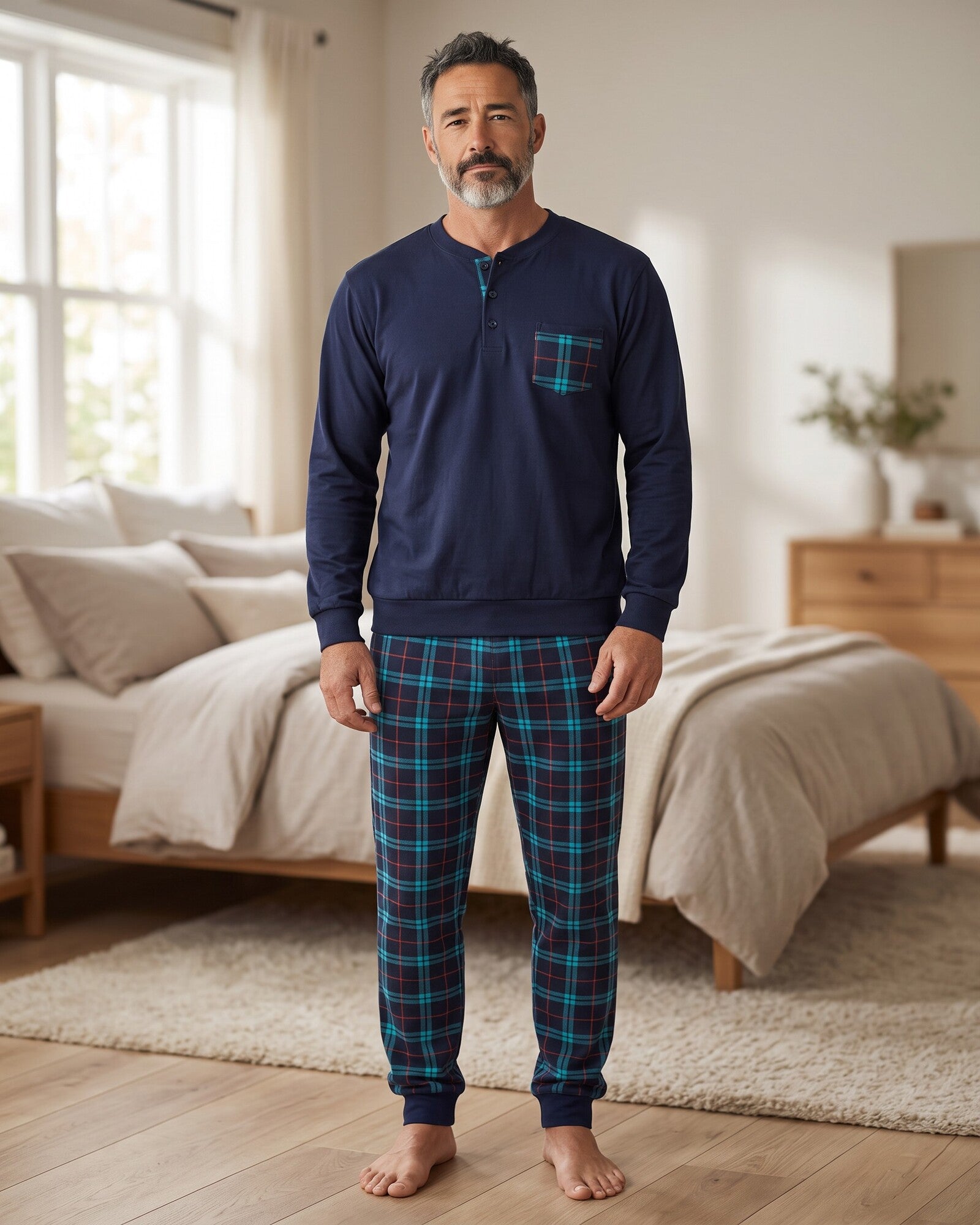 Pigiama uomo invernale Buccia di Mela I8853BM in caldo cotone con maglia blu e pantaloni a quadri