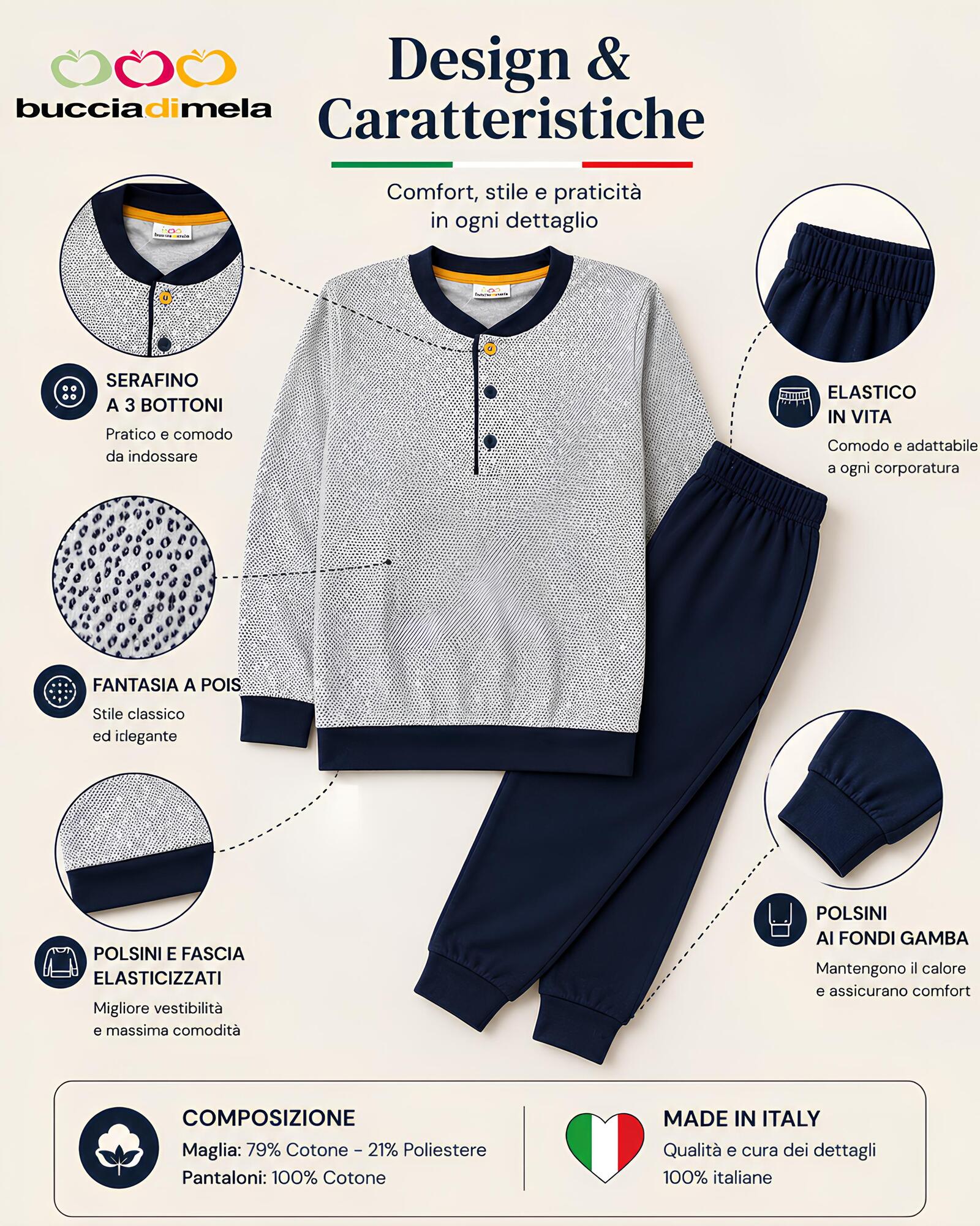 Caratteristiche pigiama uomo invernale I8855 con serafino, polsini elasticizzati e pantalone lungo