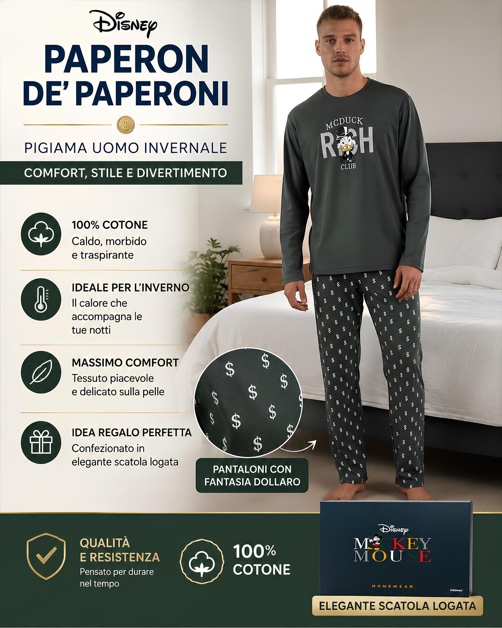 Pigiama uomo invernale Paperon de’ Paperoni Disney in 100% cotone con pantaloni fantasia dollaro