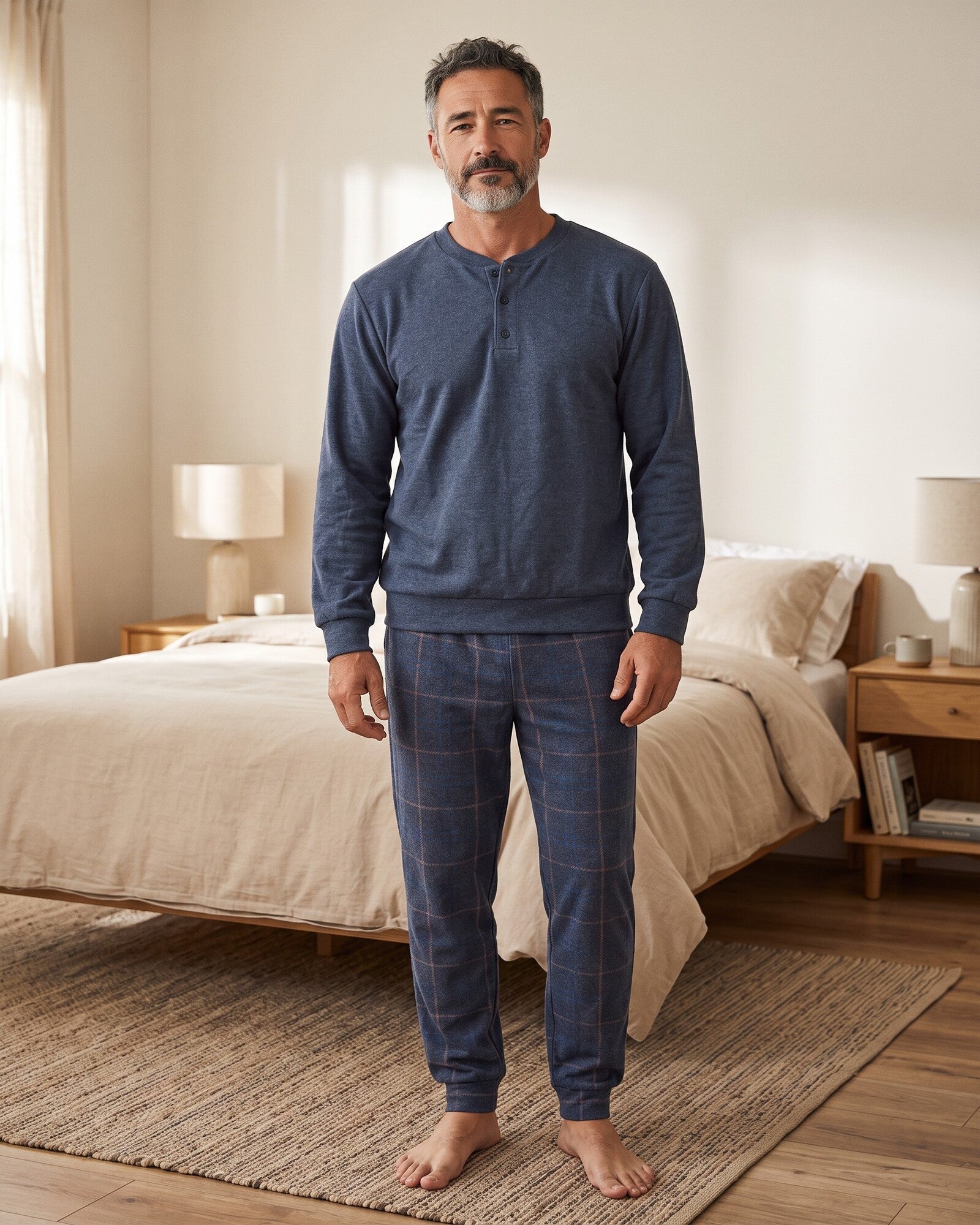 Pigiama uomo invernale Buccia di Mela I8864 blu in Punto Milano con pantaloni a fantasia