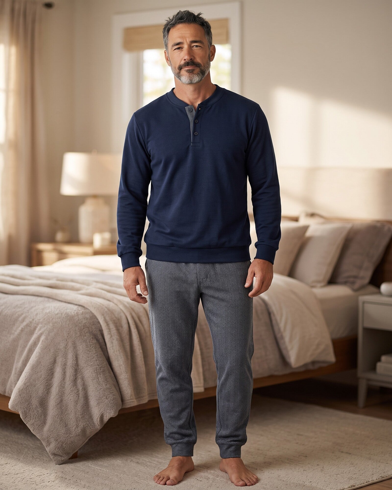 Pigiama uomo invernale Buccia di Mela I8866 blu in Punto Milano con pantaloni spigati
