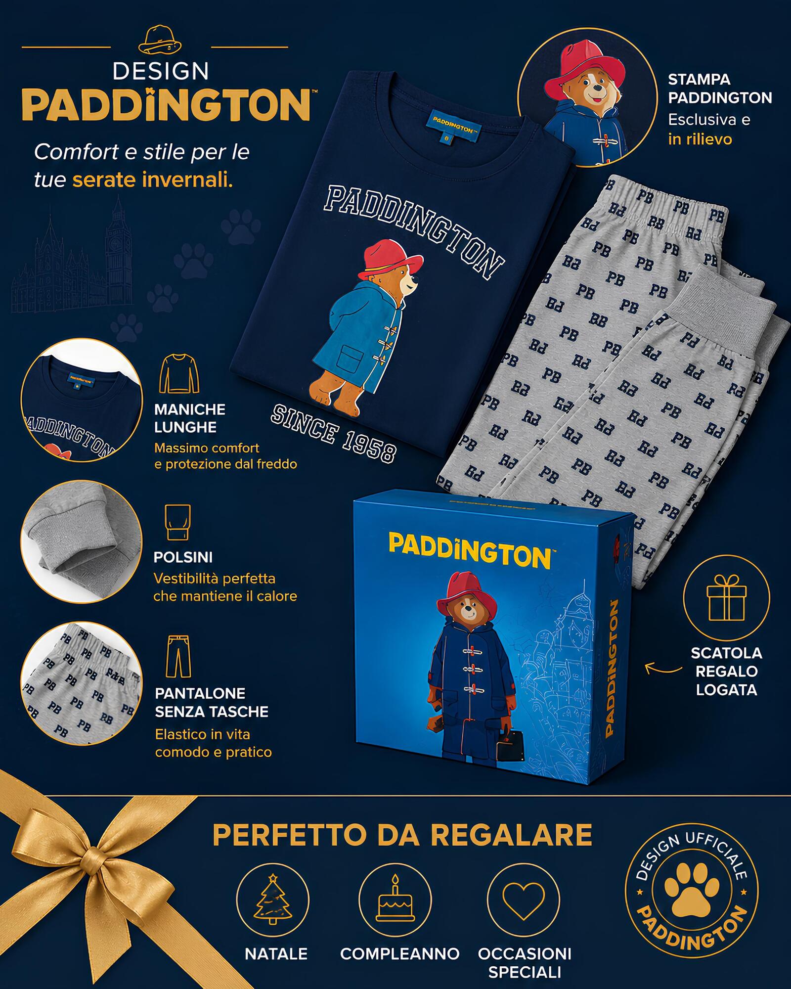 Pigiama uomo Paddington 63863 con stampa ufficiale, pantaloni senza tasche, polsini e scatola regalo logata
