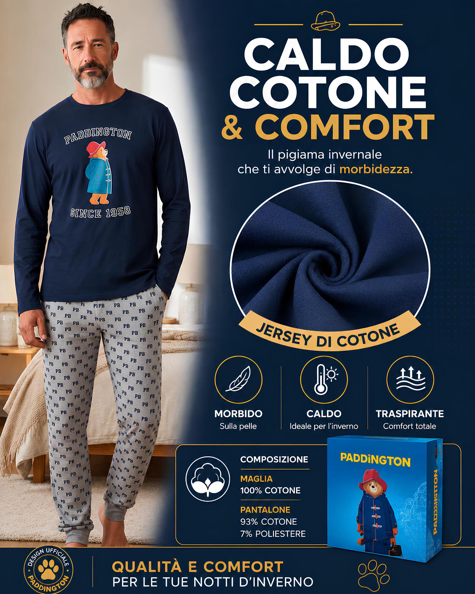 Pigiama uomo Paddington in caldo cotone con maglia 100% cotone e pantaloni 93% cotone 7% poliestere