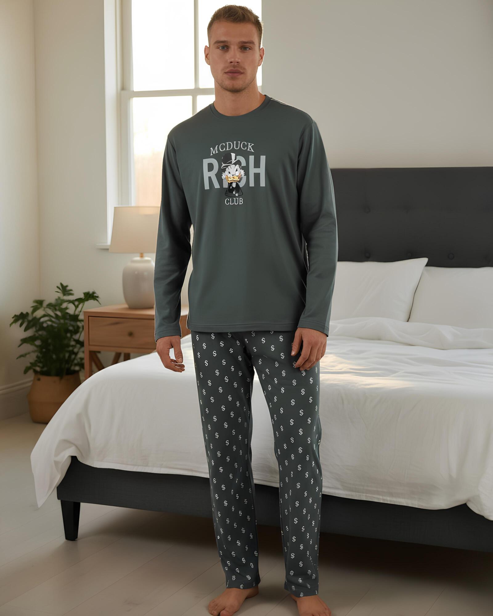 Pigiama uomo Paperon de’ Paperoni Disney Art. 63229 in 100% cotone con pantaloni fantasia dollaro