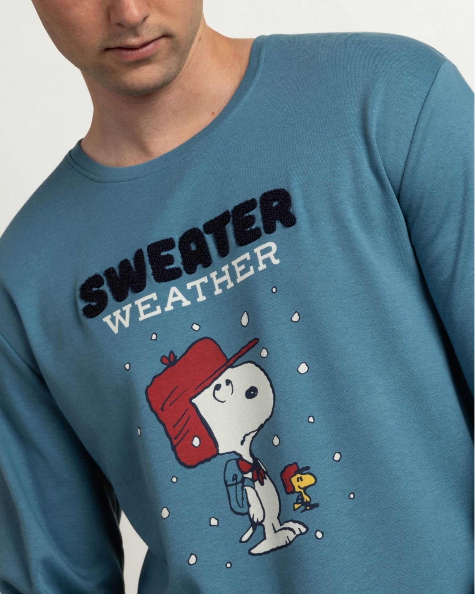 Dettaglio della maglia oceano con ricamo in spugna Sweater, Snoopy e Woodstock sotto la neve