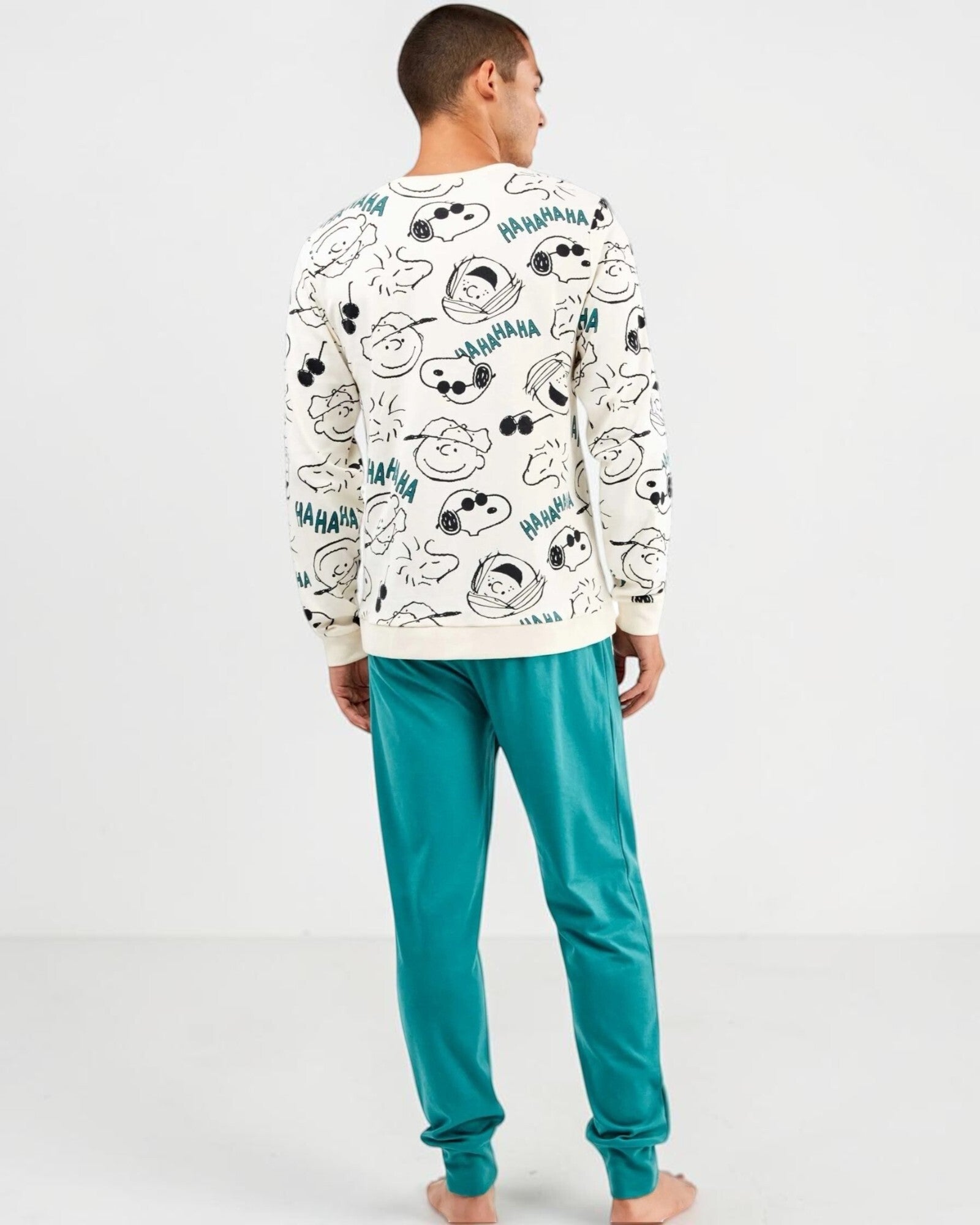 Pigiama uomo Snoopy Gisela con pantalone verde petrolio visto da dietro Art. 20344