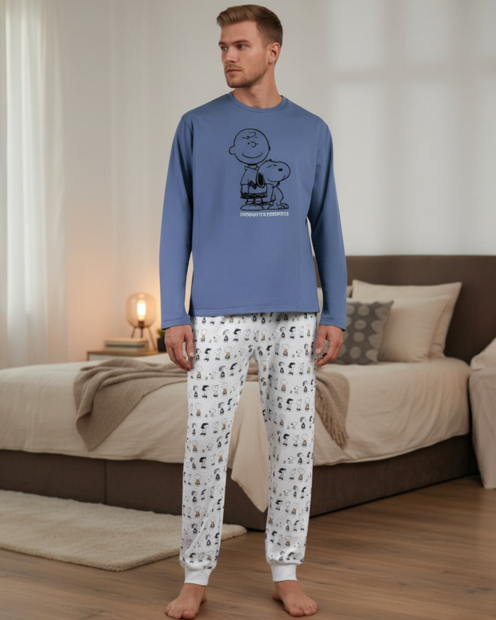 Pigiama uomo Snoopy Peanuts Art. 63015 in caldo cotone felpato con maglia blu e pantaloni lunghi