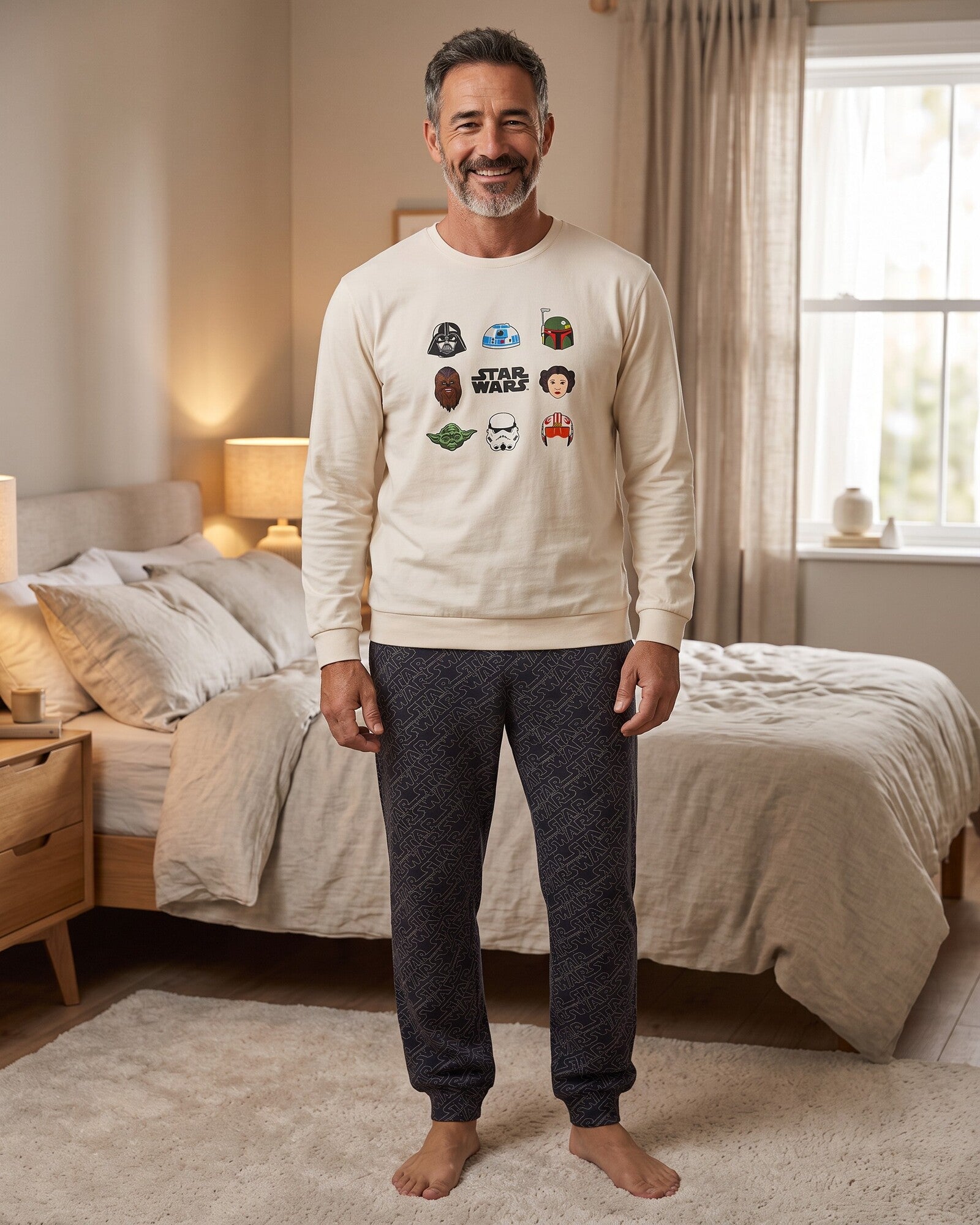 Pigiama uomo Star Wars Galaxy Faces 64492 indossato, con maglia bianco sporco e pantaloni scuri stampati con polsini.