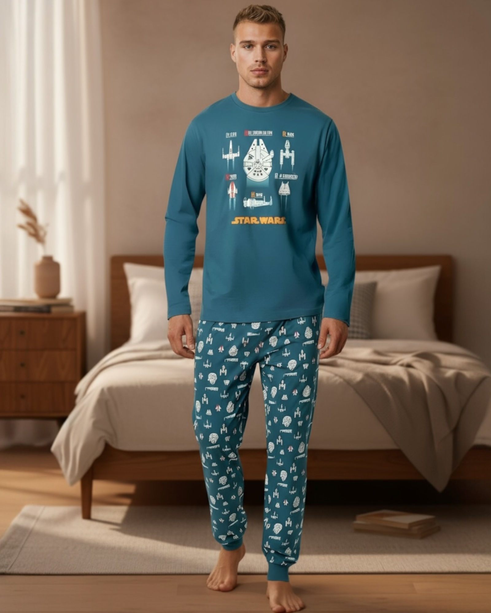 Pigiama uomo Star Wars Spaceships Art. 63499 in 100% cotone con maglia blu e pantaloni fantasia navicelle