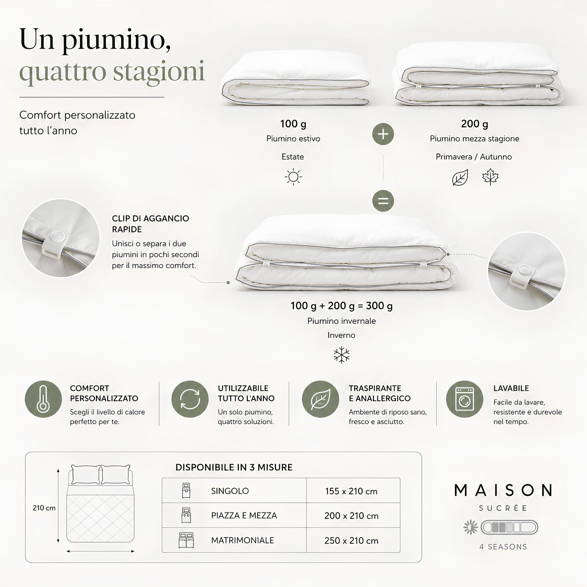 Sistema 4 stagioni Maison Sucrée con piumino da 100 g, 200 g e combinazione da 300 g
