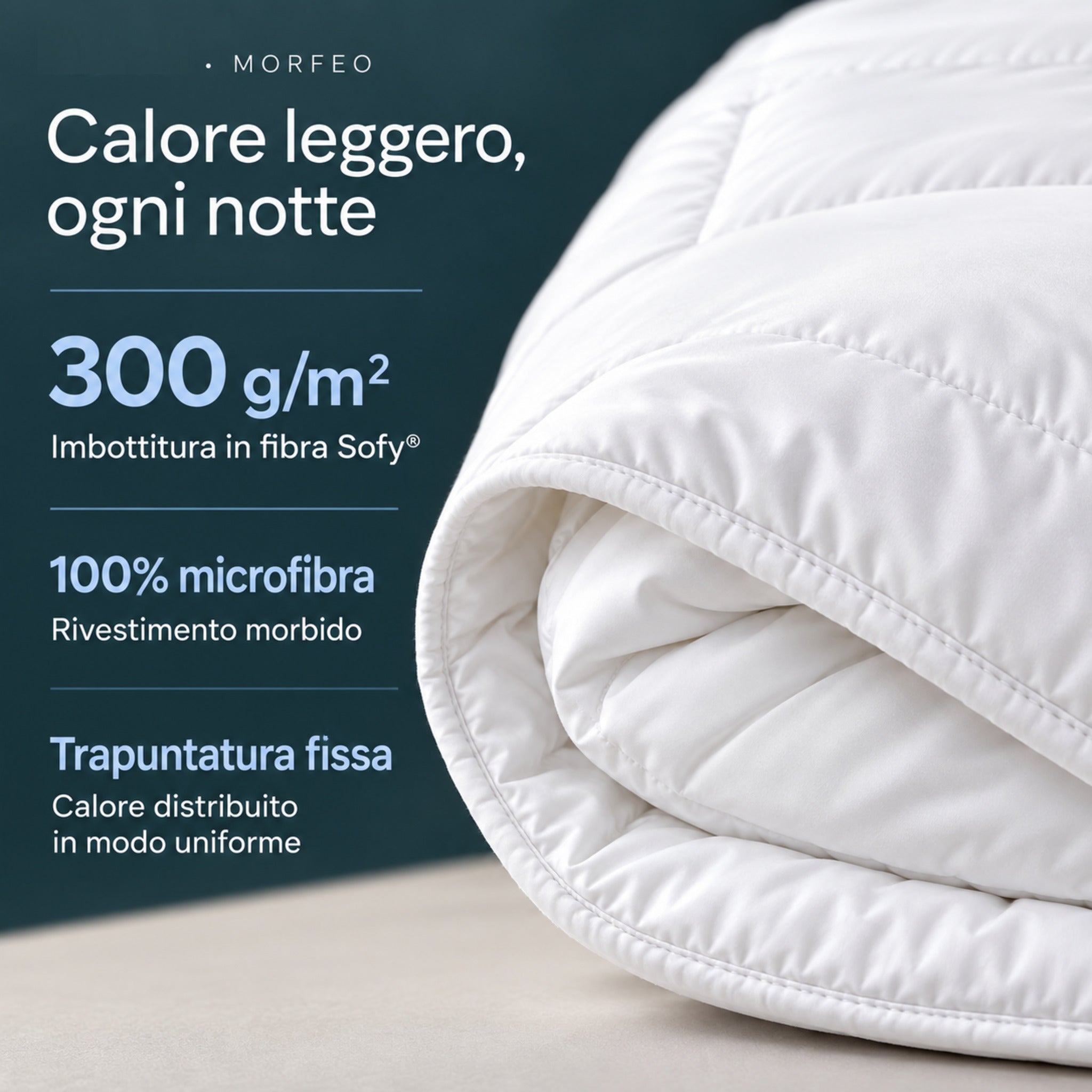 Piumino Caleffi Morfeo con imbottitura Sofy 300 g/m², rivestimento 100% microfibra e trapuntatura fissa
