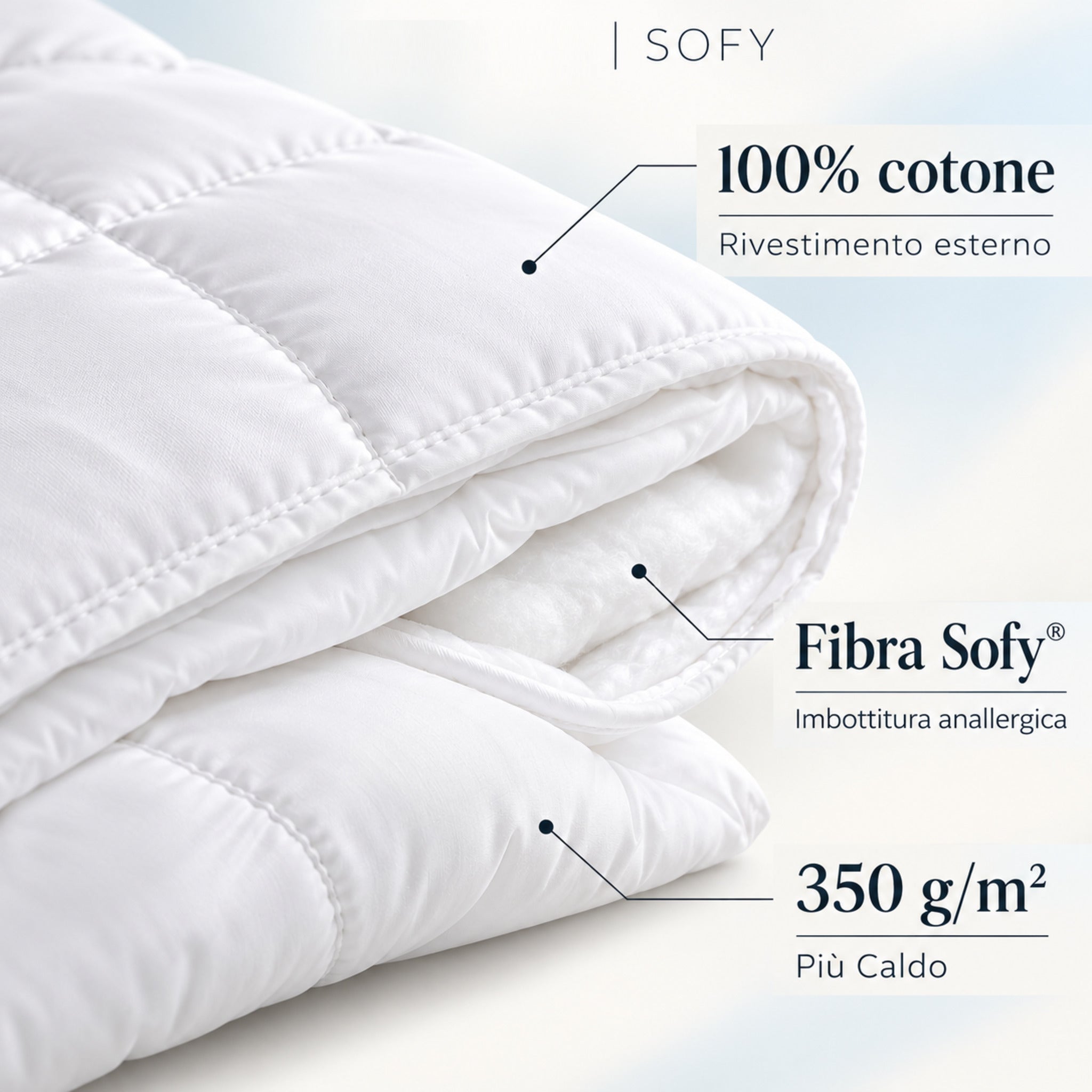 Piumino Caleffi Sofy 350 g/m² con rivestimento 100% cotone e imbottitura in fibra anallergica