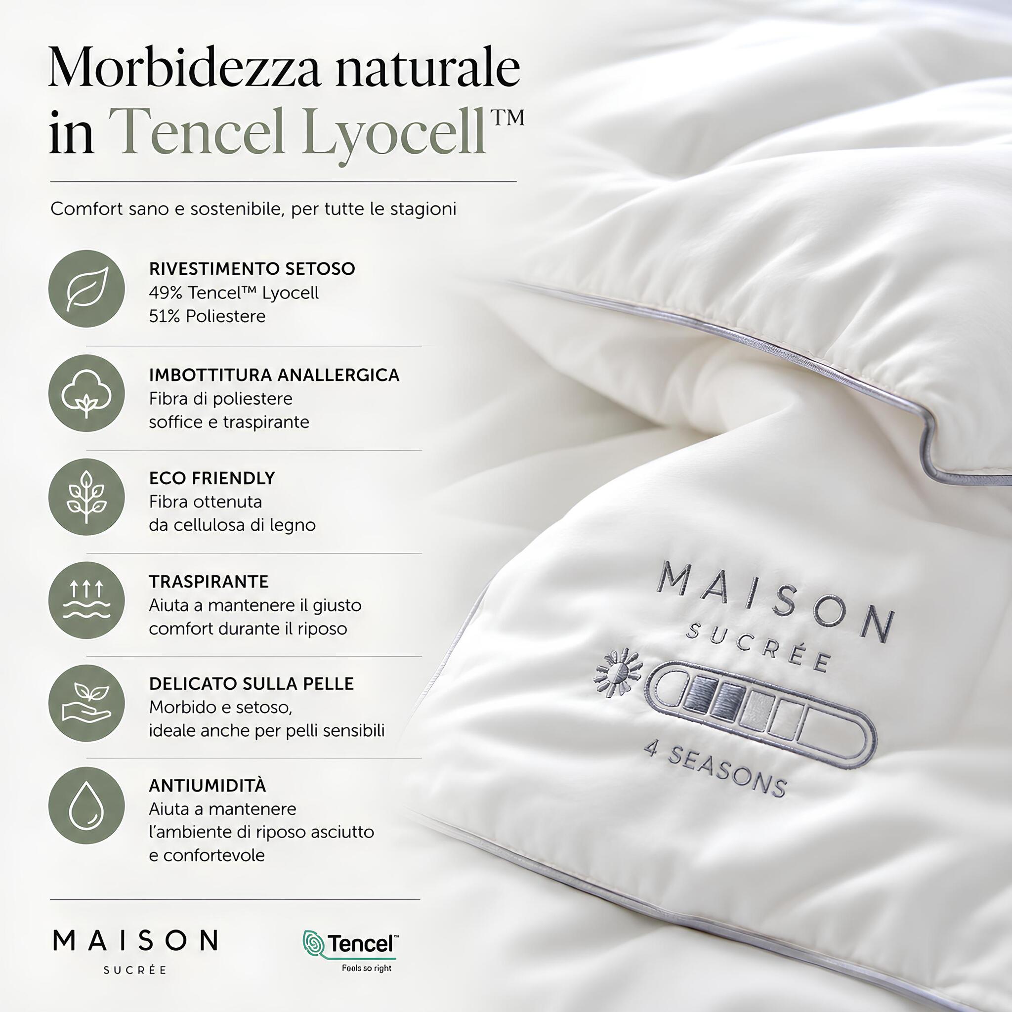 Dettaglio del piumino Maison Sucrée Nuvola in Tencel Lyocell con caratteristiche del tessuto e imbottitura anallergica