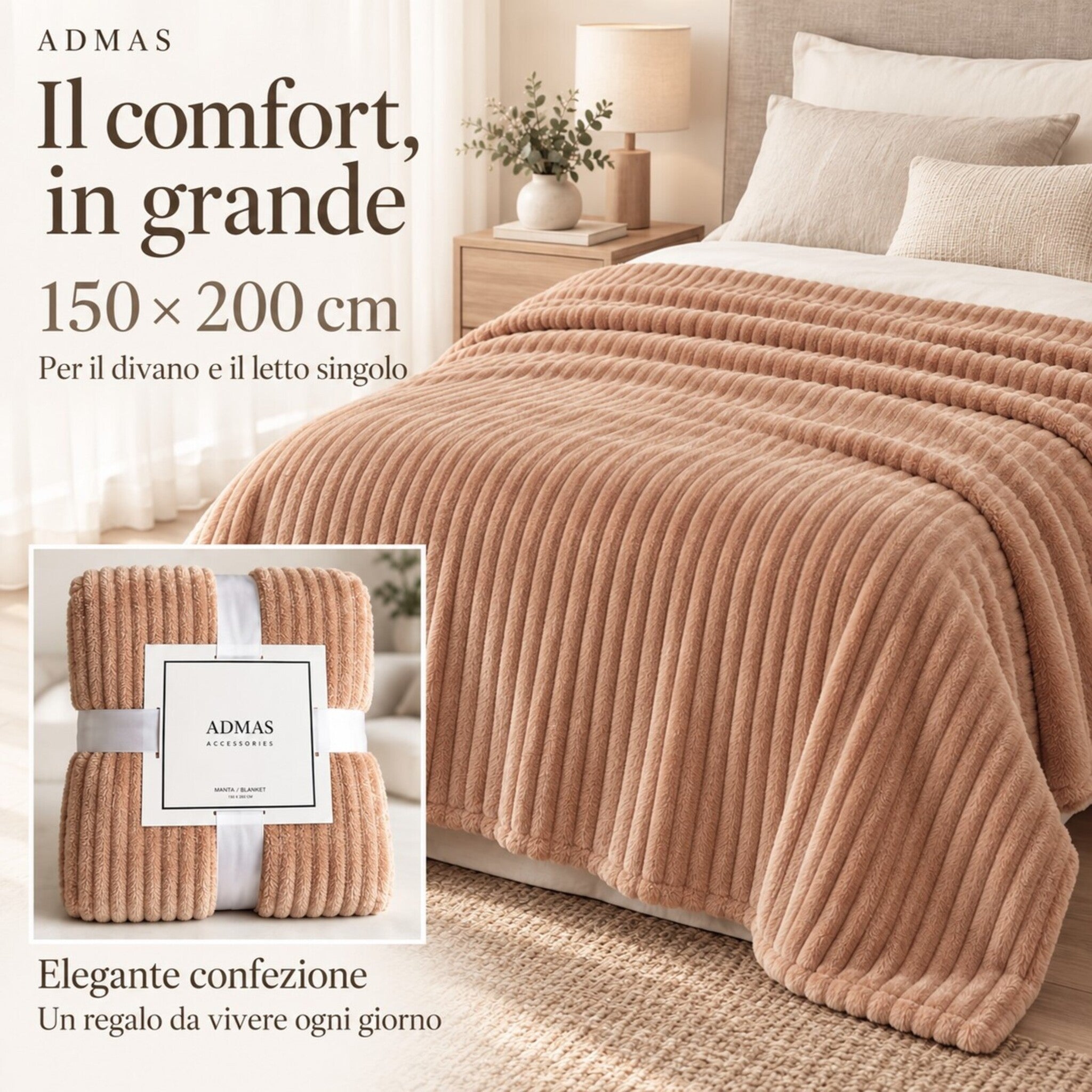 Plaid Pesca ambientato sul letto con infografica sulle misure 150×200 cm e riquadro della confezione con nastro.