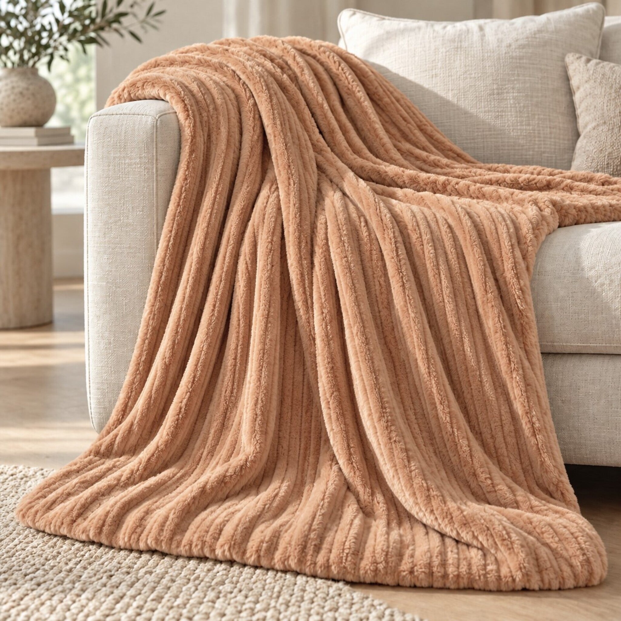 Plaid Admas color pesca in coral fleece rigato disteso su un divano chiaro, con superficie soffice e righe in rilievo.