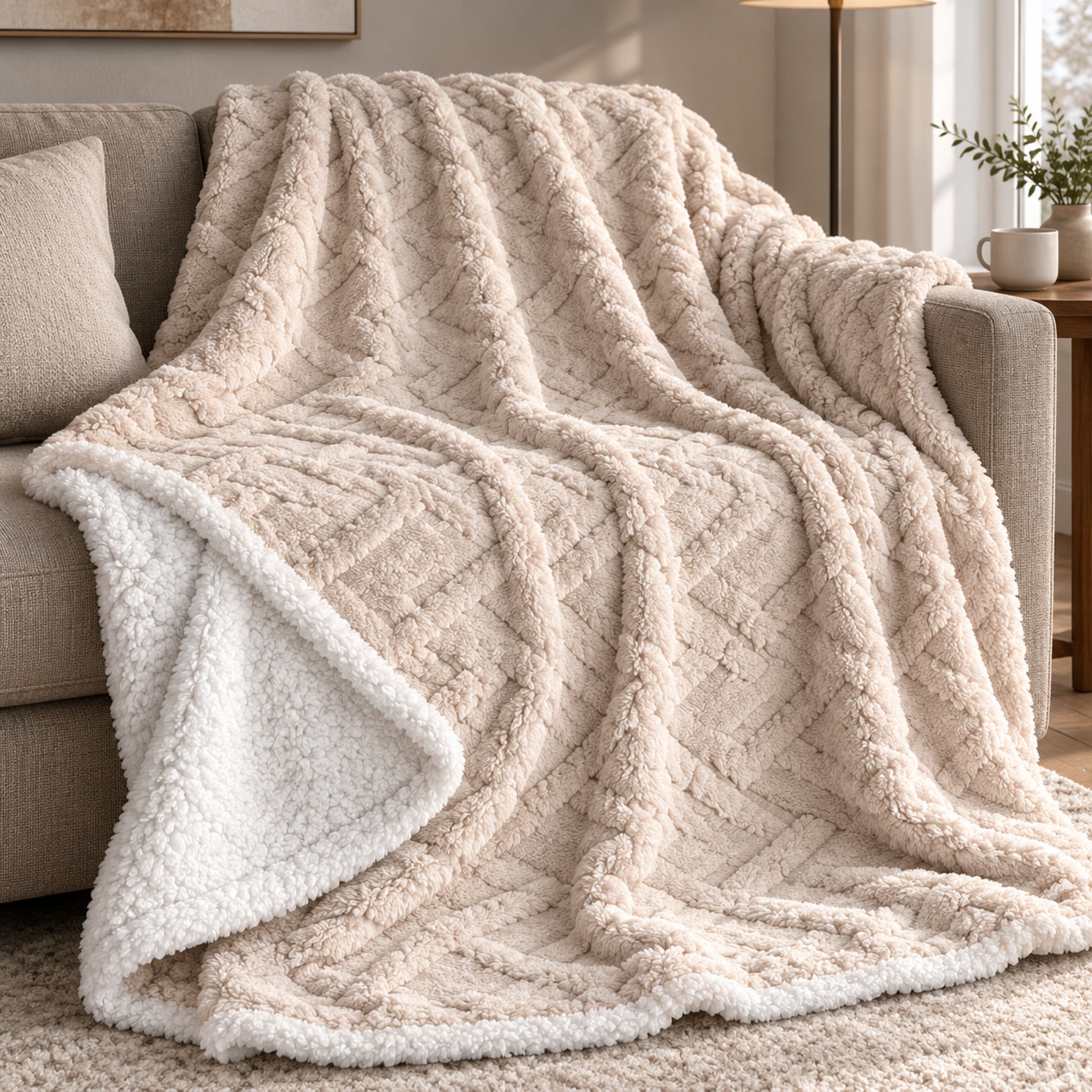 Plaid Admas 69028 champagne disteso sul divano, con motivo geometrico a rombi e retro in sherpa bianca ripiegato.