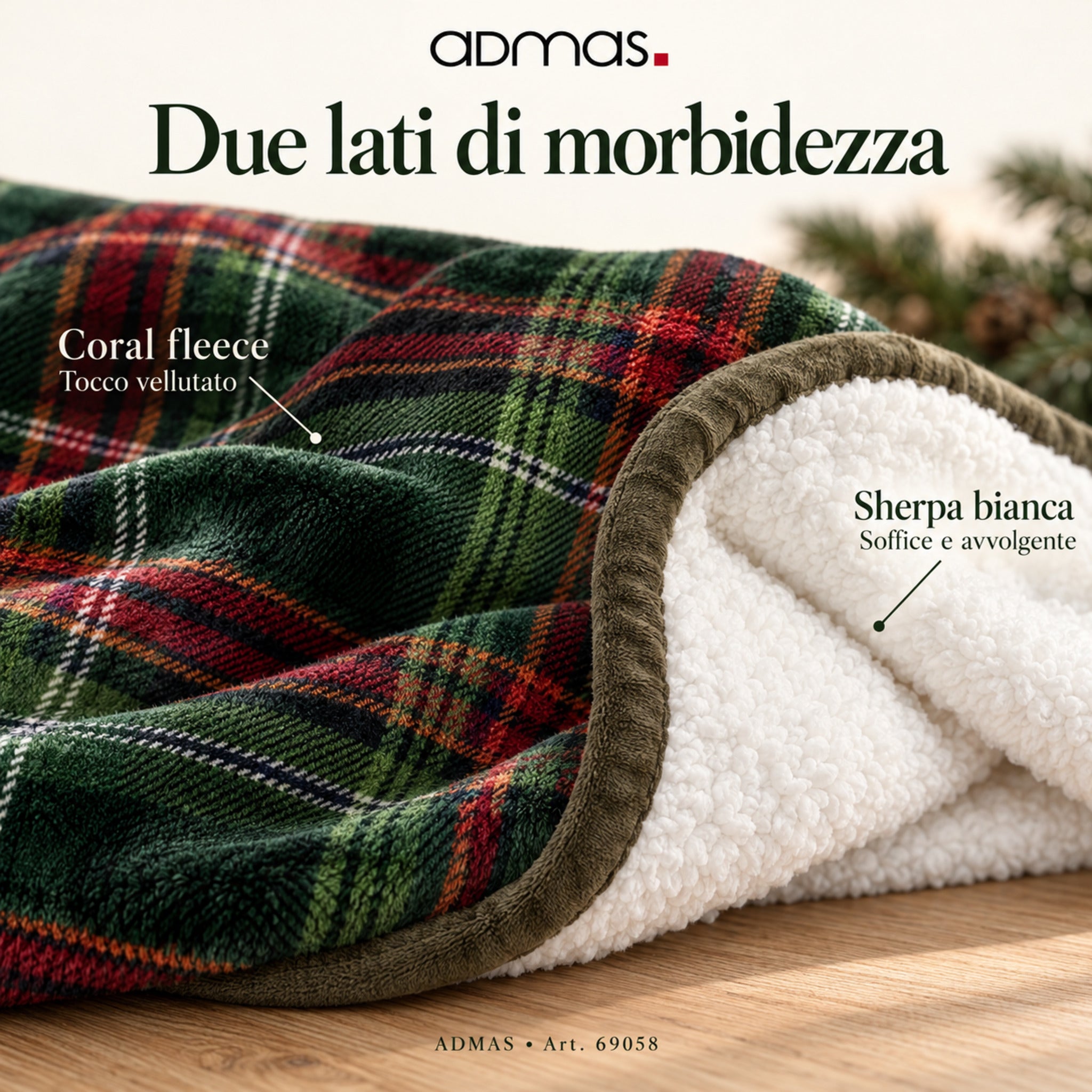 Dettaglio dei due lati del plaid Admas 69058, con infografica sul coral fleece vellutato e sulla sherpa bianca.