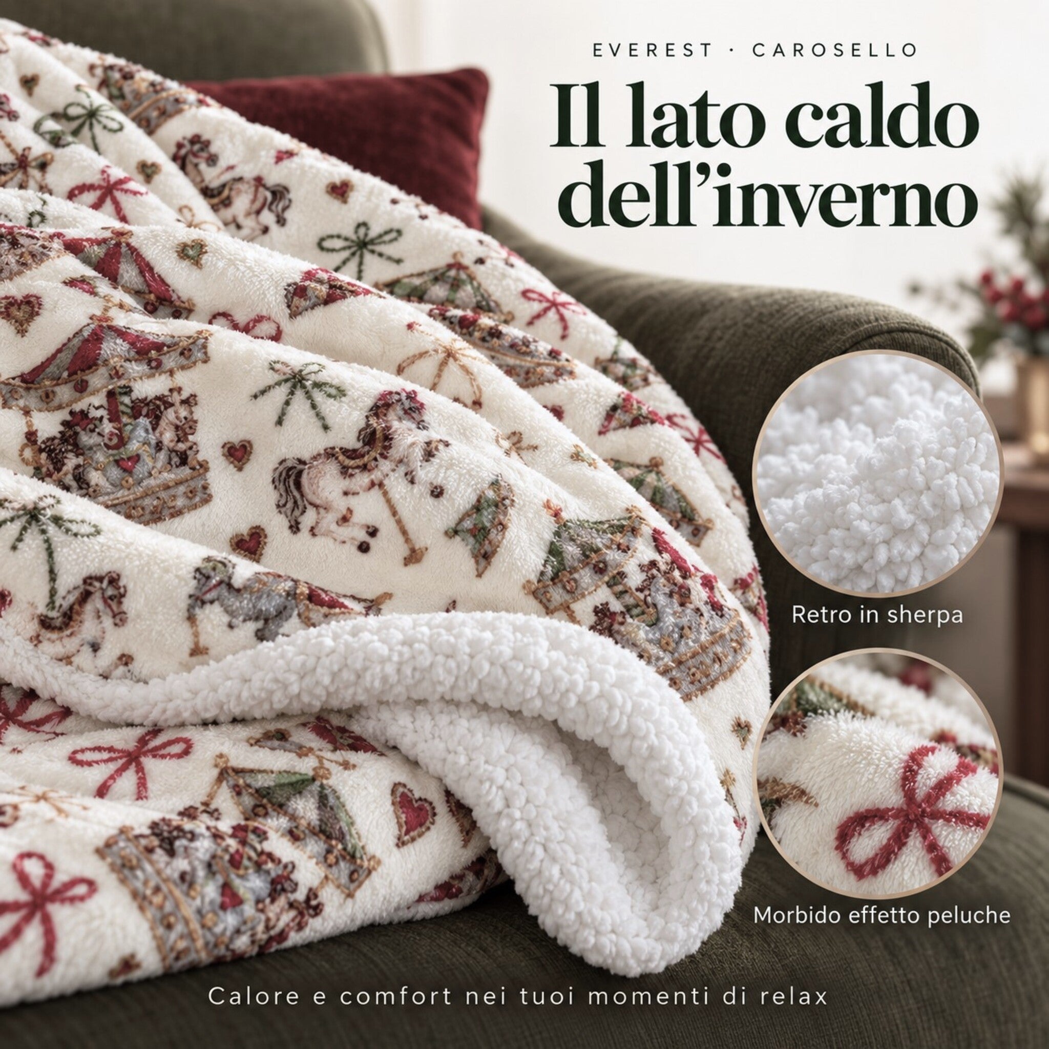 Infografica del plaid Carosello Avorio con dettagli della morbida superficie stampata e del retro in sherpa bianca.