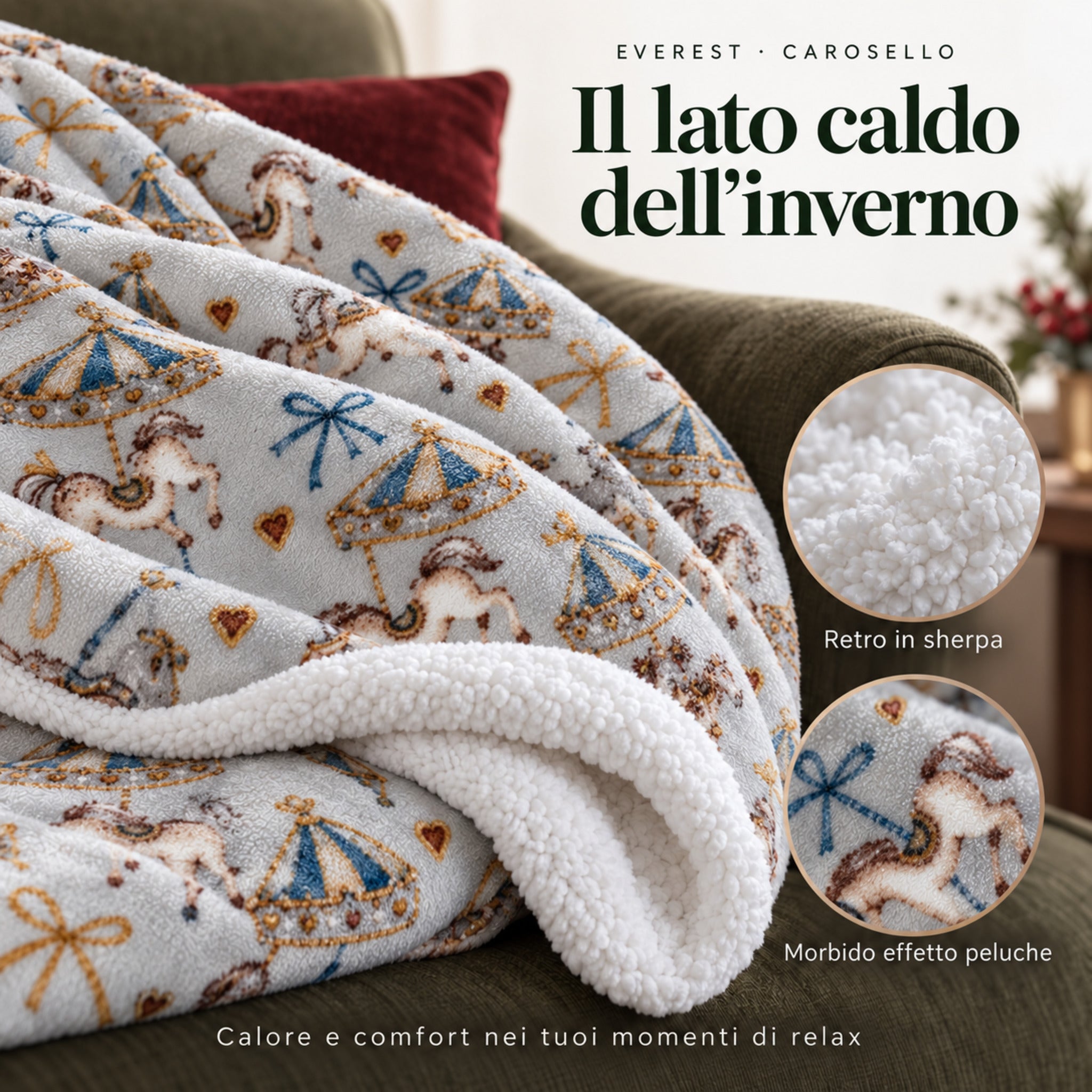Infografica del plaid Carosello Grigio con ingrandimenti del retro in sherpa bianca e del lato stampato con cavallini.