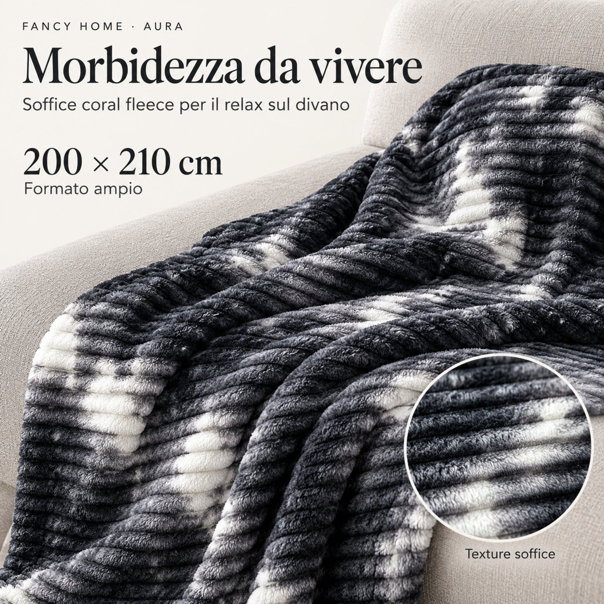 Dettaglio del plaid Aura antracite in coral fleece con effetto a coste, ingrandimento del tessuto e misura 200×210 cm.