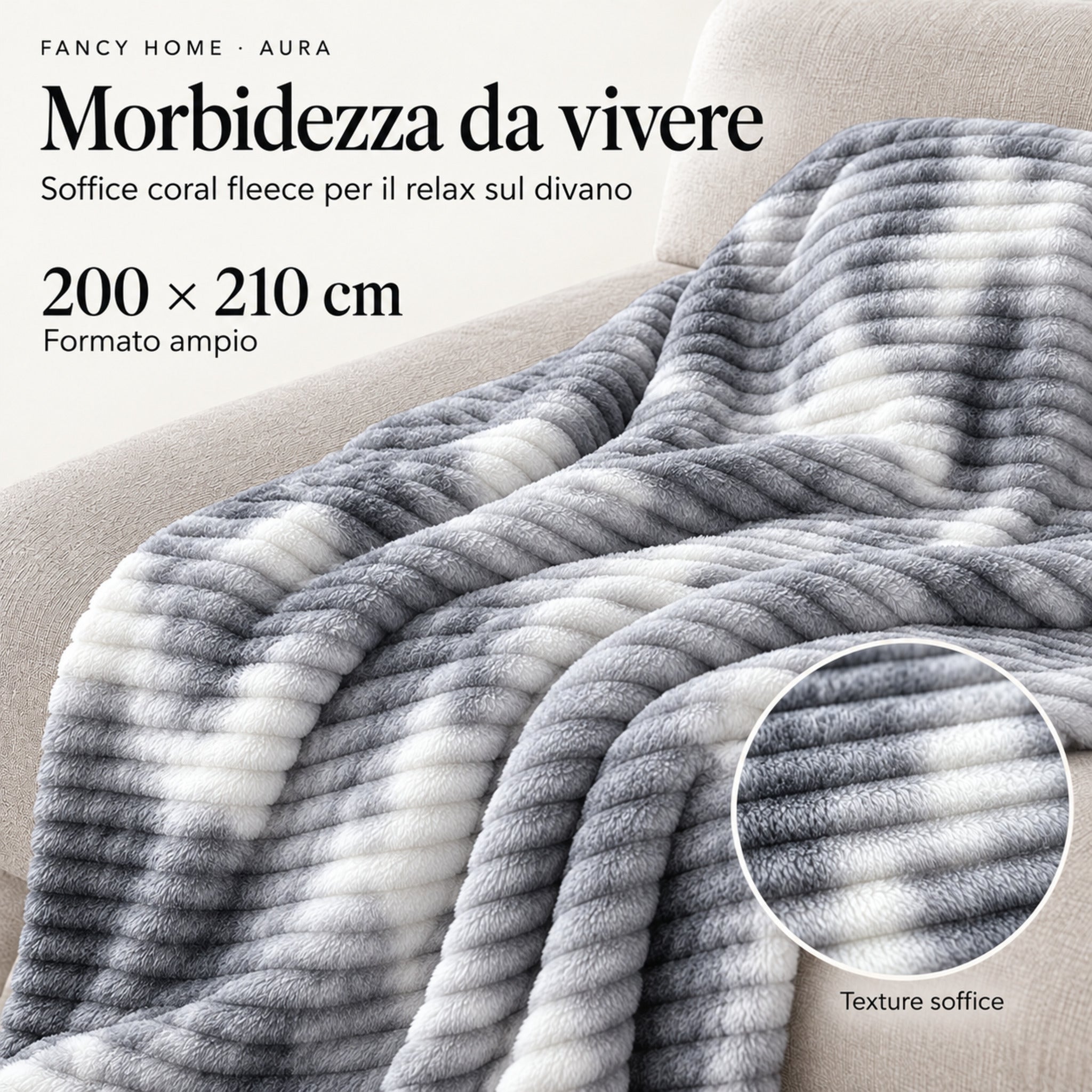 Primo piano del plaid Aura grigio a stampa astratta, con dettaglio della superficie a coste e formato 200×210 cm.