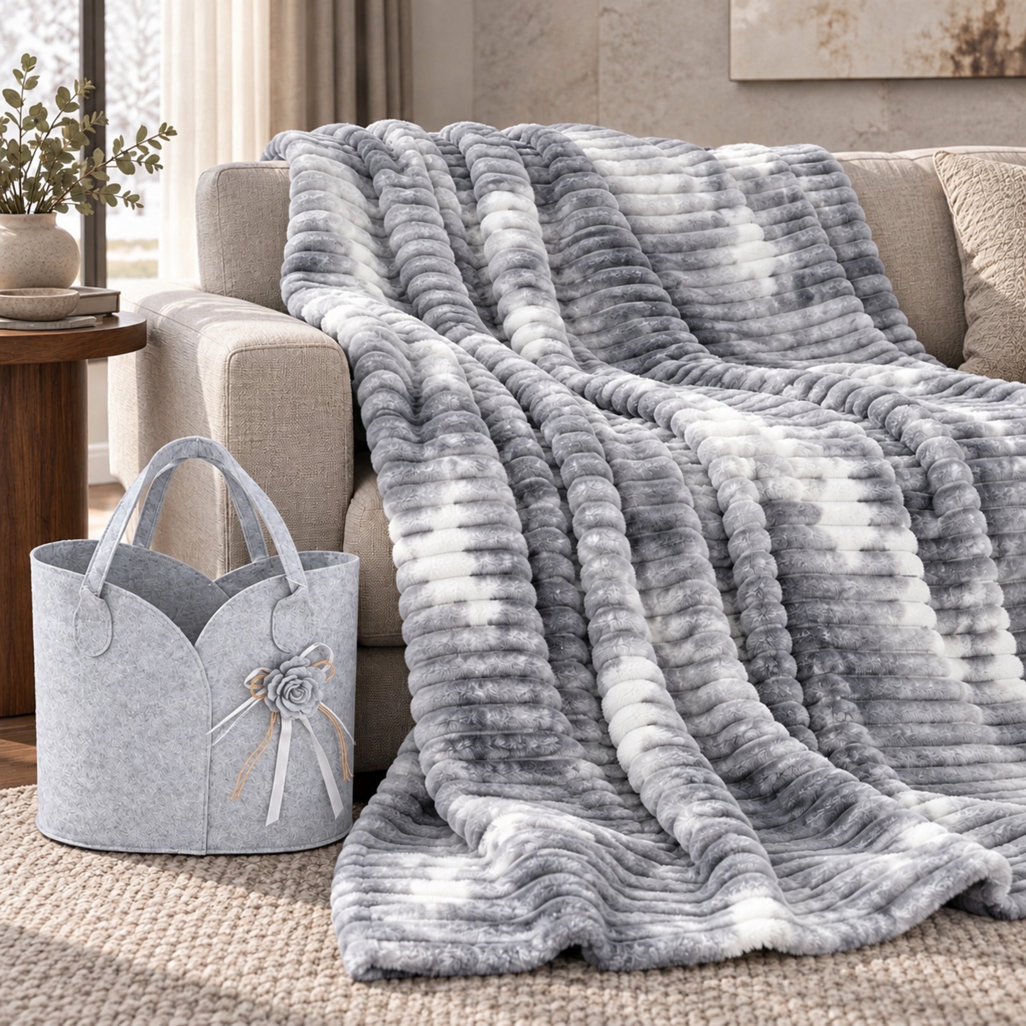 Plaid Fancy Home Aura grigio con sfumature bianche adagiato sul divano, insieme alla borsa regalo grigia con fiore.