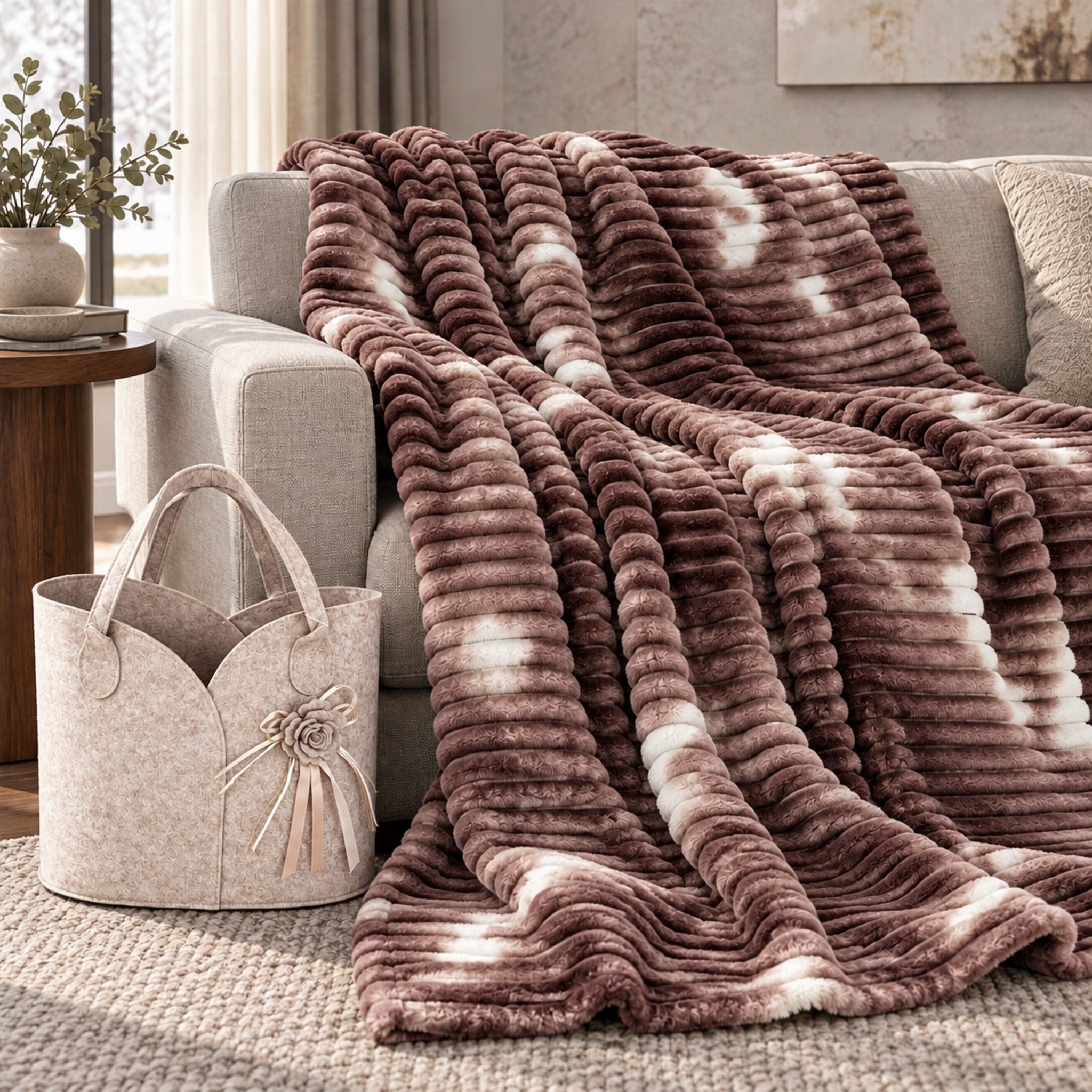 Plaid Fancy Home Aura marrone con stampa astratta e accenti chiari sul divano, accanto alla borsa regalo beige con fiore.