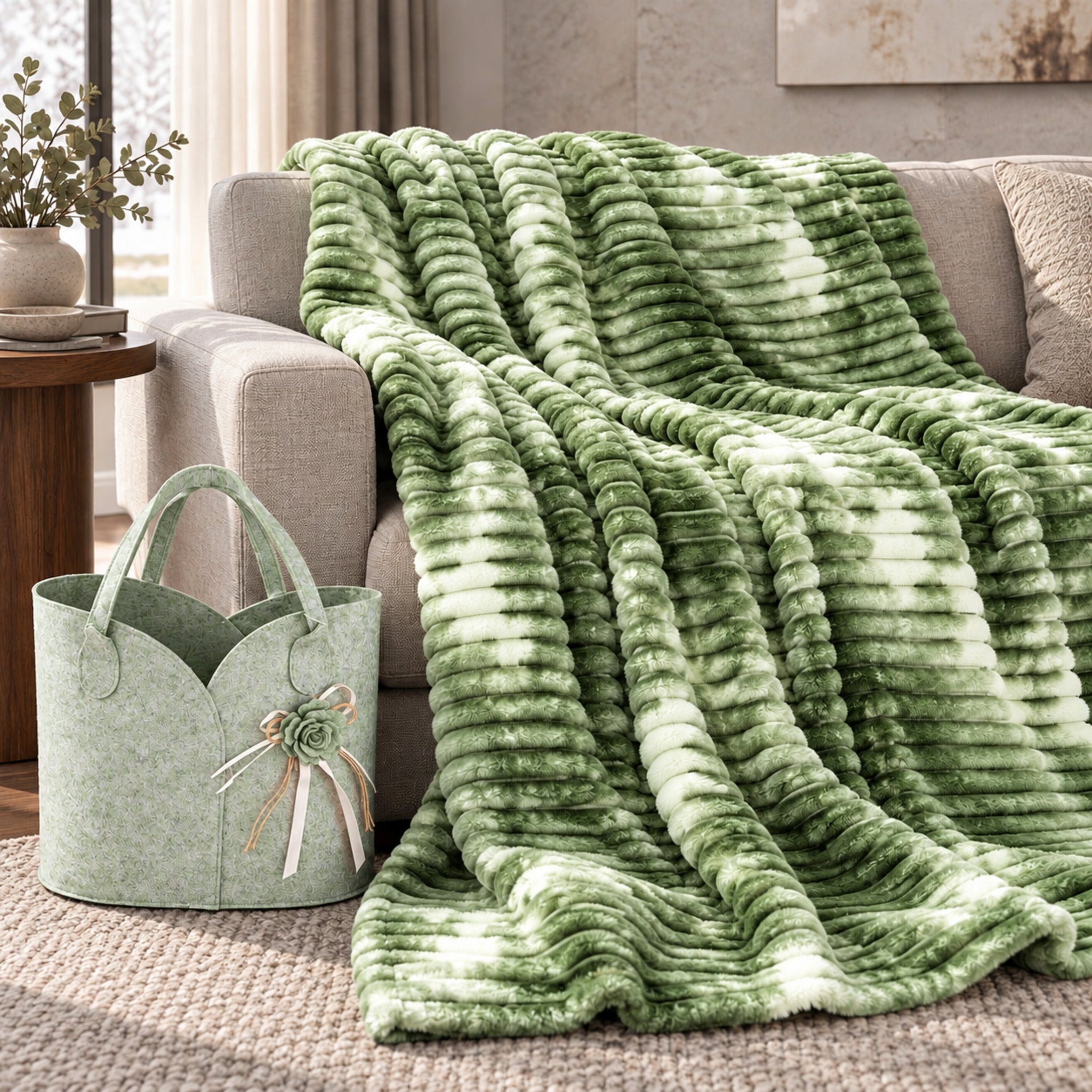 Plaid Fancy Home Aura verde a stampa astratta disteso sul divano, insieme alla borsa regalo verde chiaro con fiore.