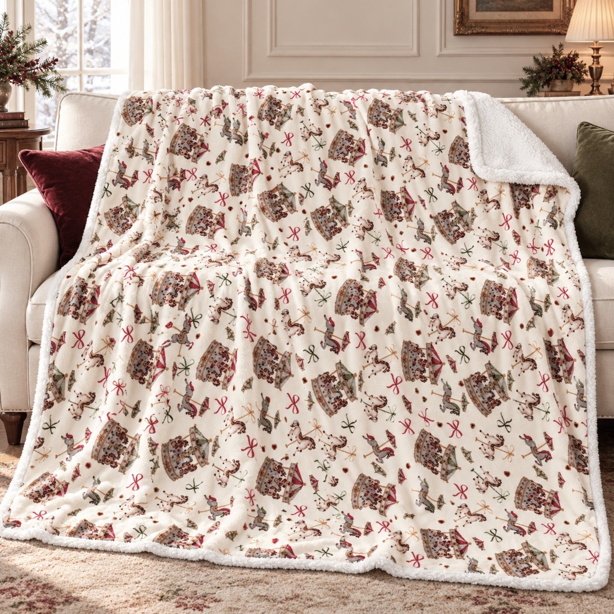 Plaid Fancy Home Carosello Avorio sul divano, con giostre, cavallini e fiocchi rossi e verdi e retro in sherpa bianca.