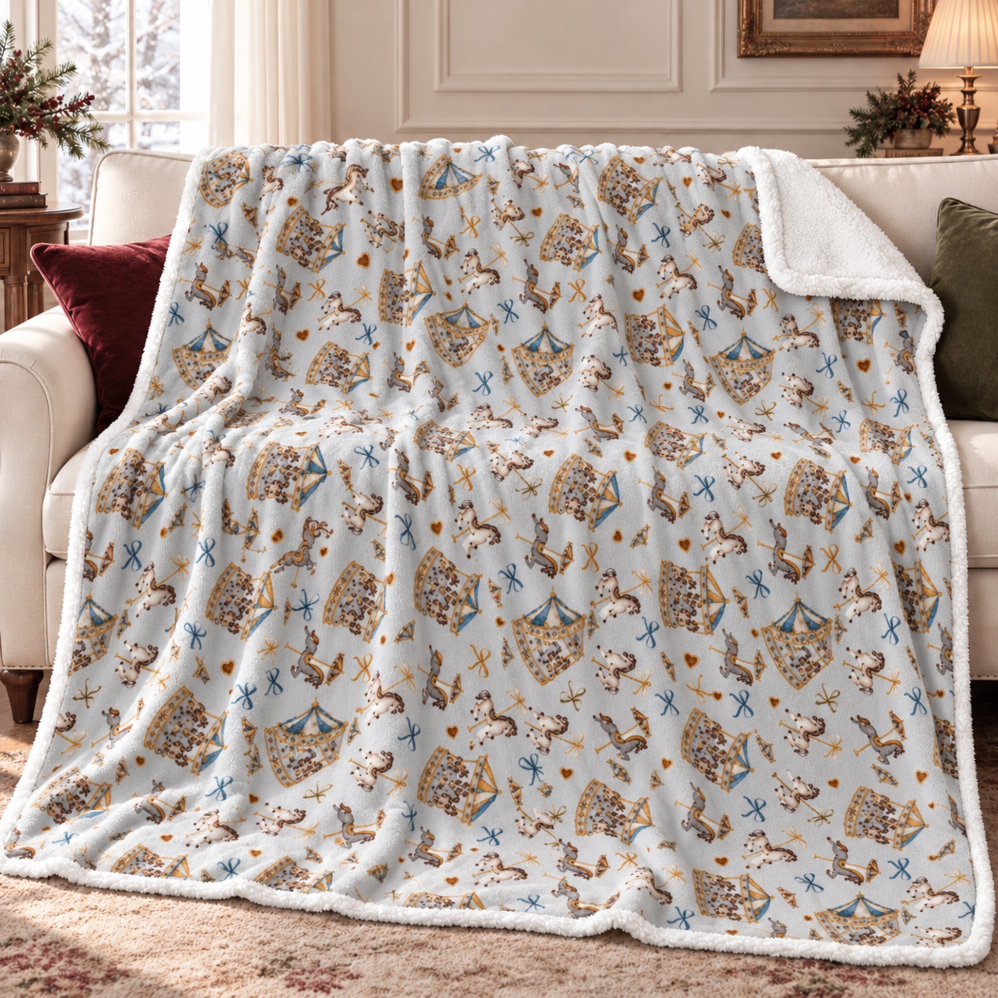 Plaid Fancy Home Carosello Grigio disteso sul divano, con fantasia di giostre e cavallini e retro in sherpa bianca ripiegato.