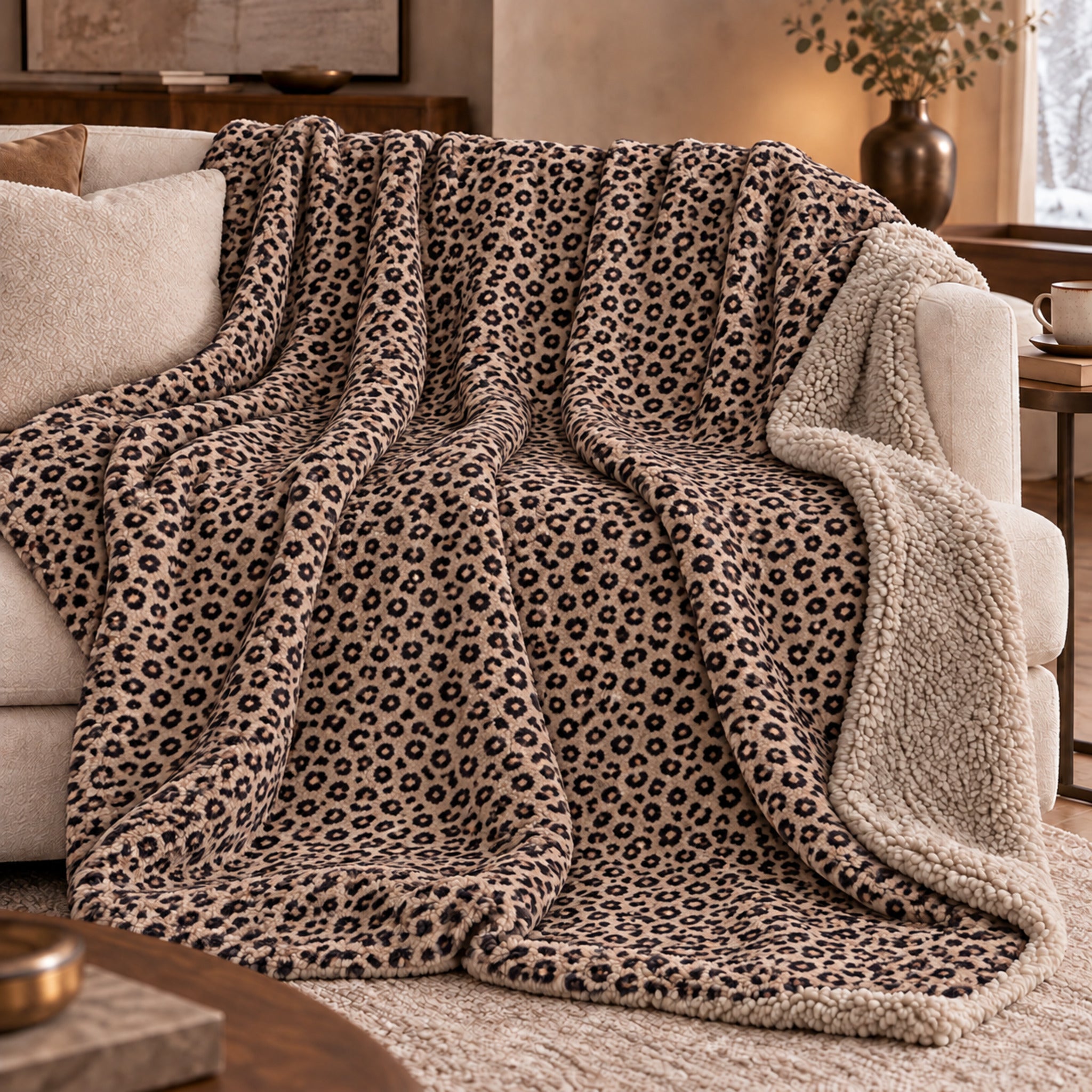 Plaid Fancy Home Everest leopardato beige disteso sul divano, con rosette nere e retro in sherpa chiaro visibile.