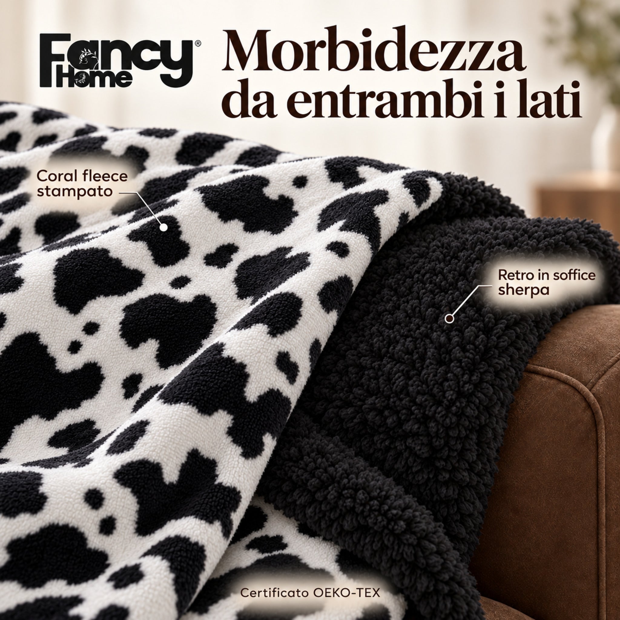 Primo piano del coral fleece bianco a macchie nere e del retro in sherpa nero, con indicazione della certificazione OEKO-TEX.